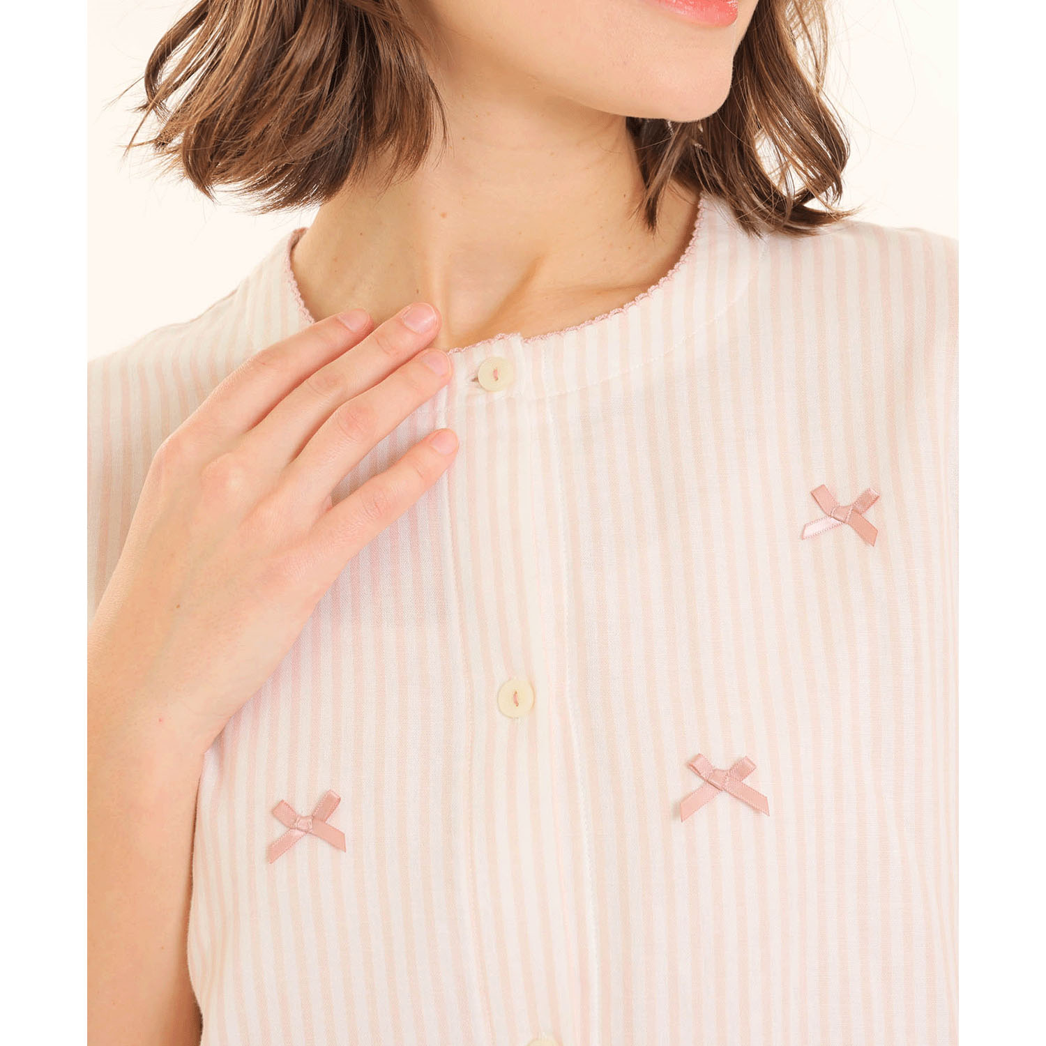 Narue ダブルガーゼシンプルストライプリボンパジャマ - 画像4