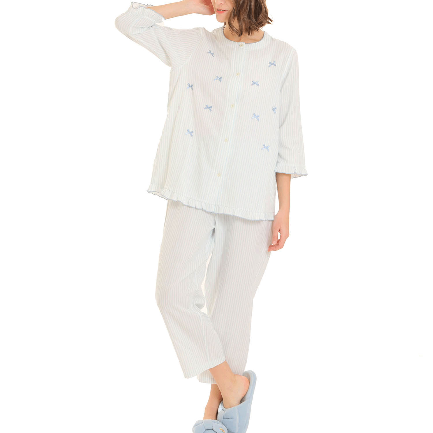 Narue ダブルガーゼシンプルストライプリボンパジャマ - 画像10