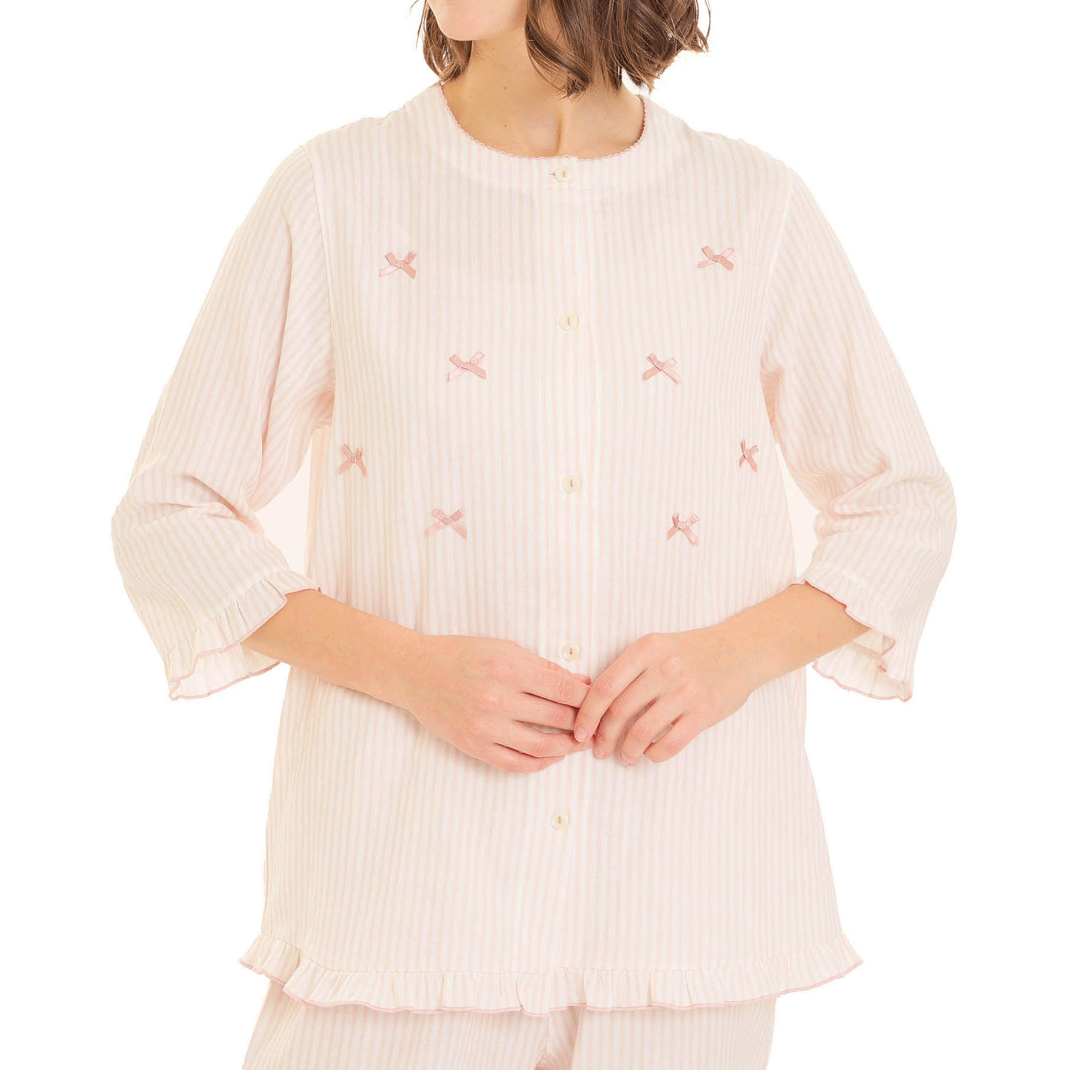 Narue ダブルガーゼシンプルストライプリボンパジャマ - 画像1