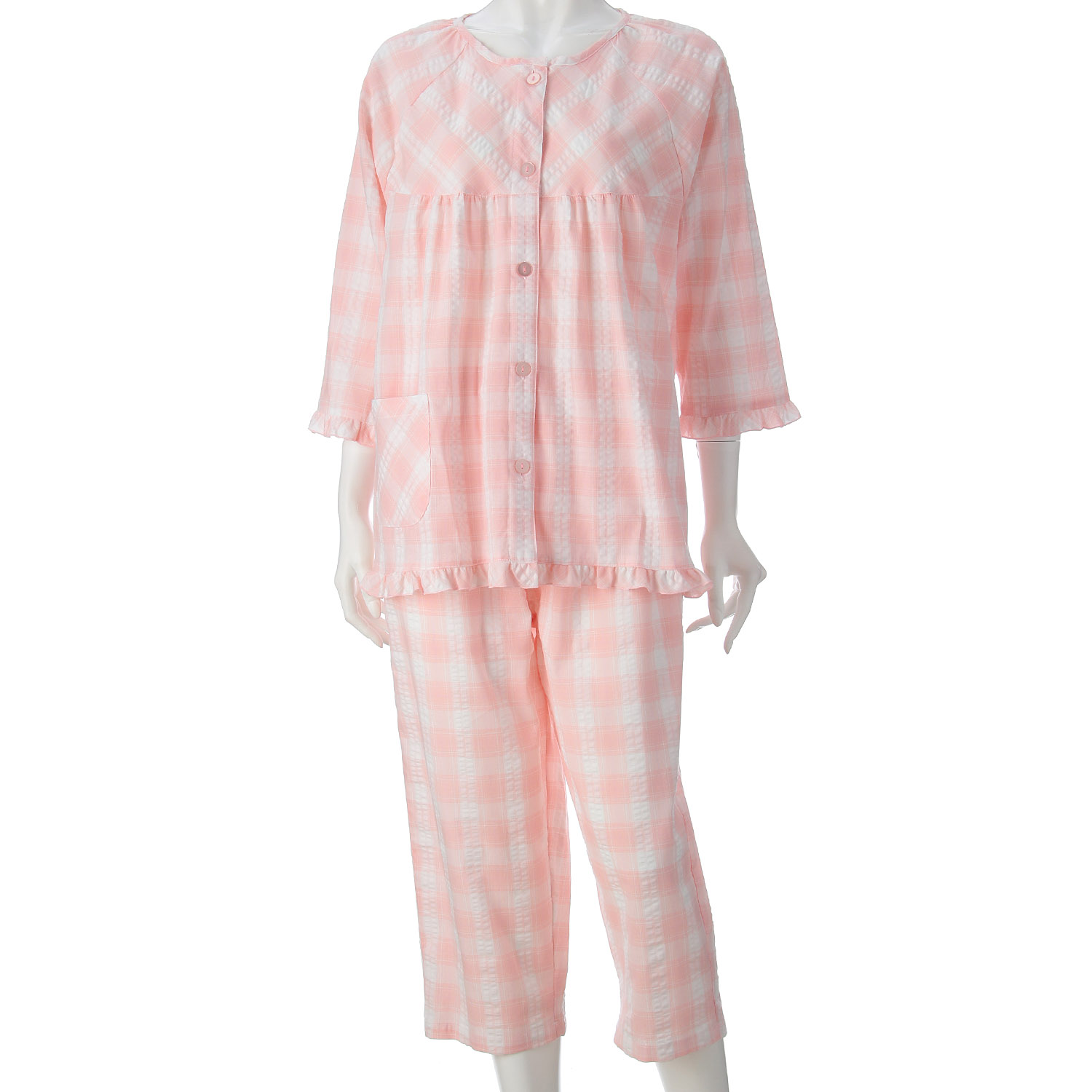 婦人 綿サッカー 格子柄 7分袖パジャマ - 画像1