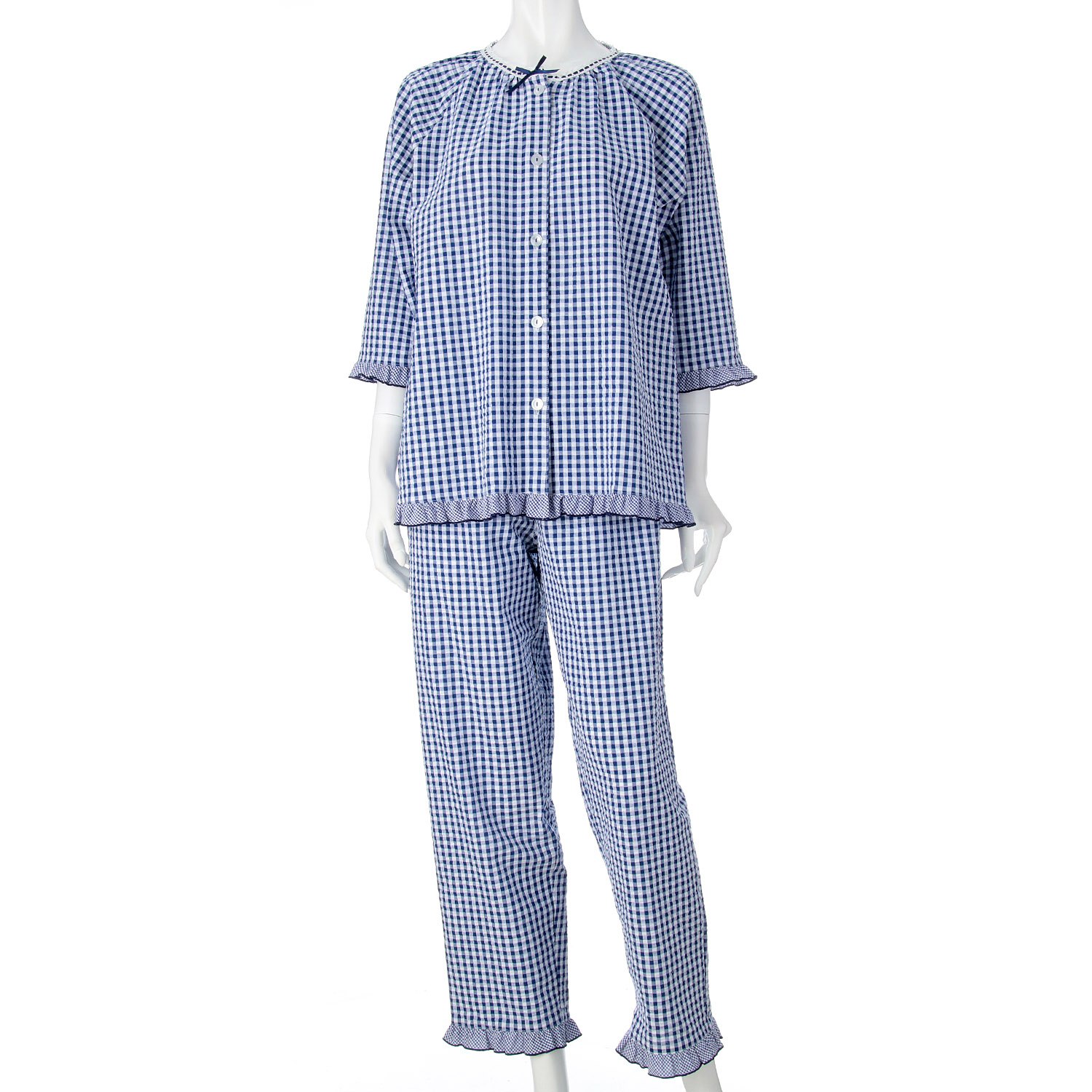 婦人 綿サッカー ギンガムチェック 7分袖パジャマ - 画像5