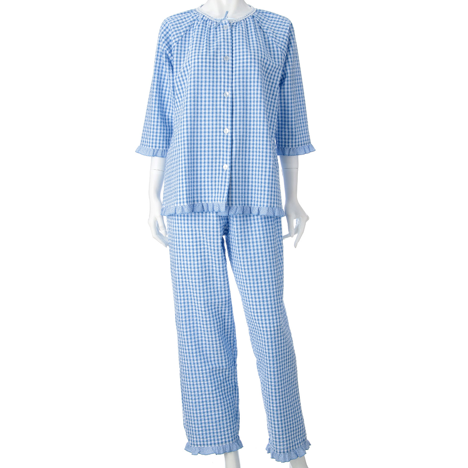 婦人 綿サッカー ギンガムチェック 7分袖パジャマ - 画像1