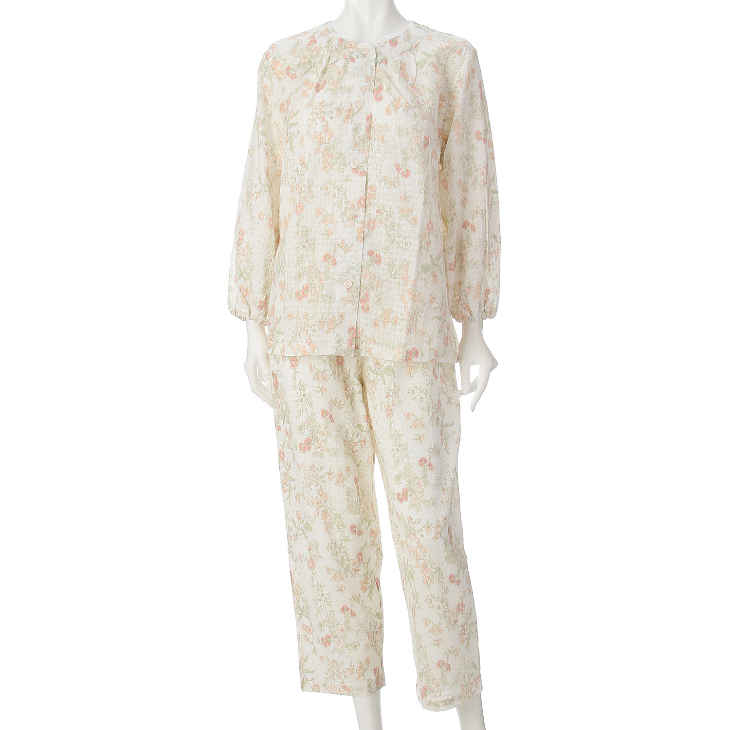 GUNZE 婦人 ミニ空羽楊柳 フラワープリント長袖長パンツパジャマ - 画像1