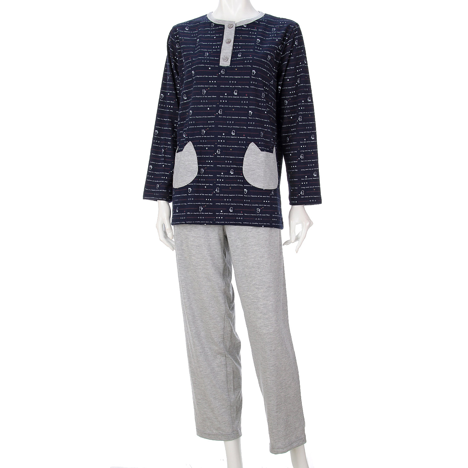 婦人 天竺猫ボーダーかぶりパジャマ - 画像2