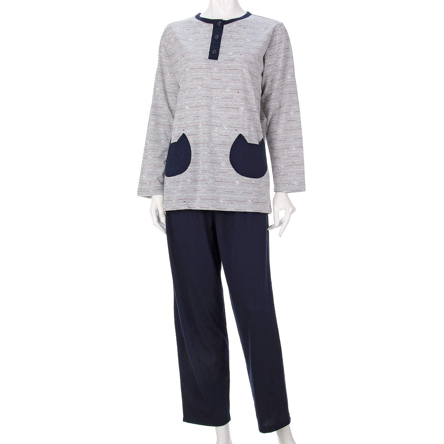 婦人 天竺猫ボーダーかぶりパジャマ