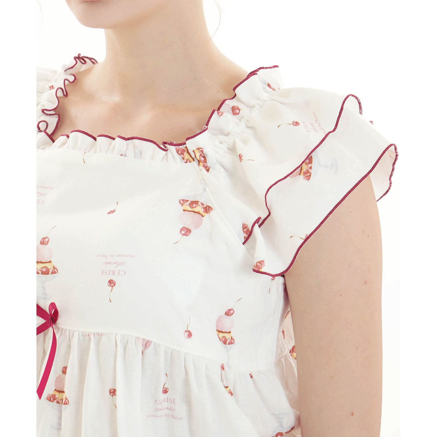 Narue コットンダブルガーゼチェリースイーツフリルパジャマ - 画像4