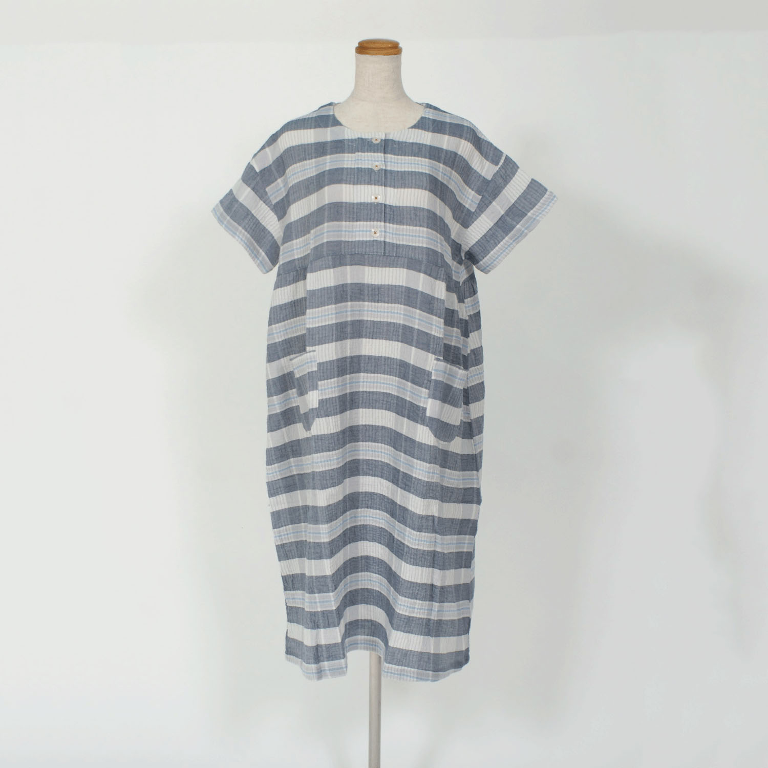 先染ダブルガーゼ チェック柄 半開ワンピース - 画像3