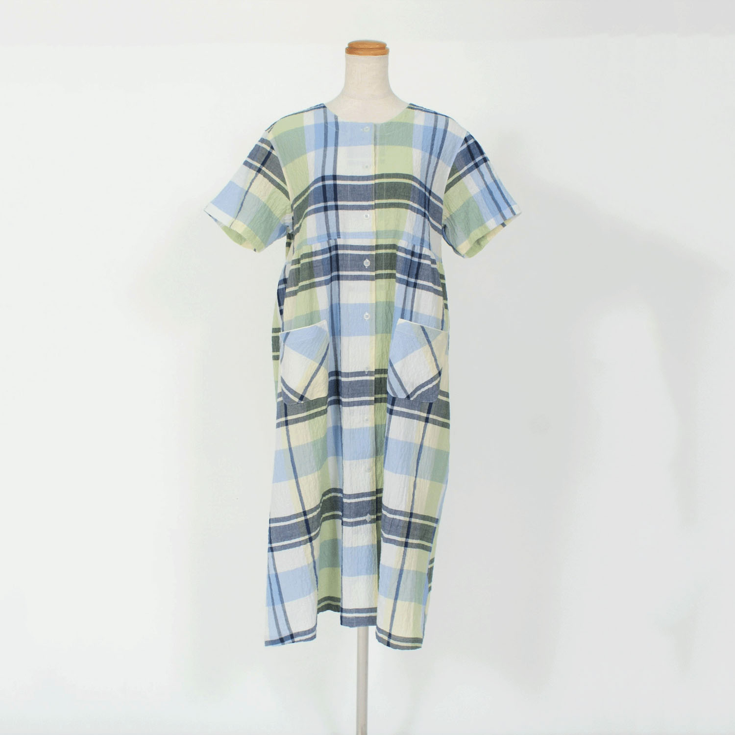 先染ローンシャーリング チェック柄 前開ワンピース - 画像2