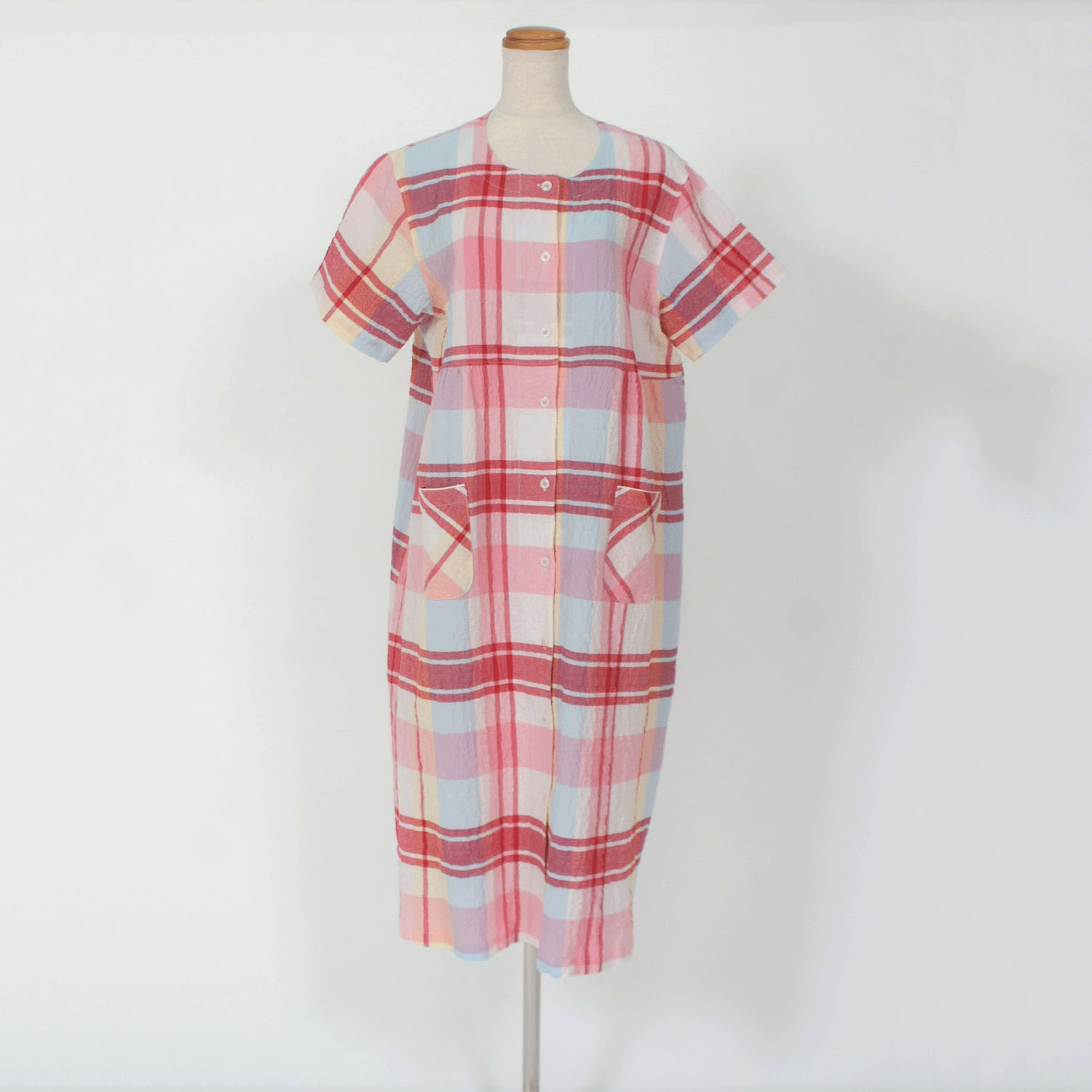 先染ローンシャーリング チェック柄 前開ワンピース - 画像1