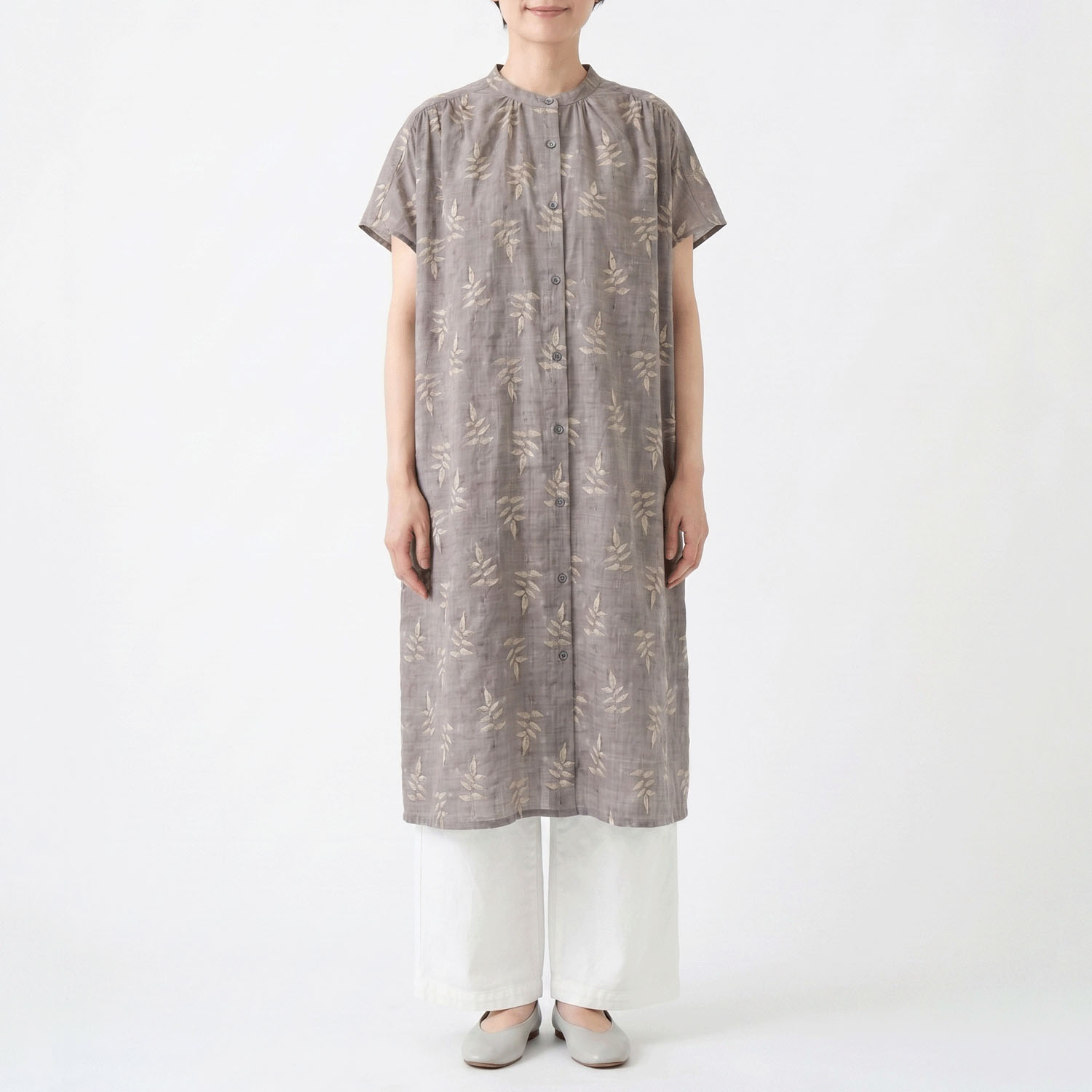 綿レーヨンリーフ柄前開きワンピース - 画像1