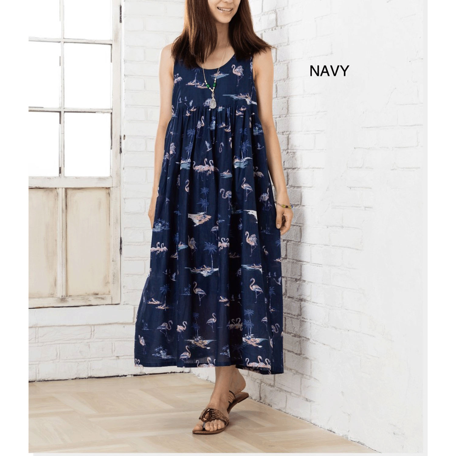 CUAインド綿フラミンゴ柄ワンピース - 画像5