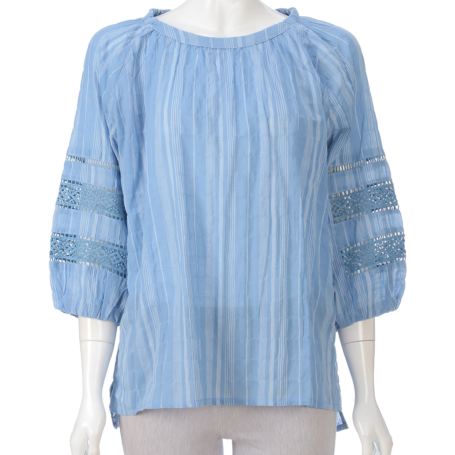 袖レースストライププルオーバー - 画像1