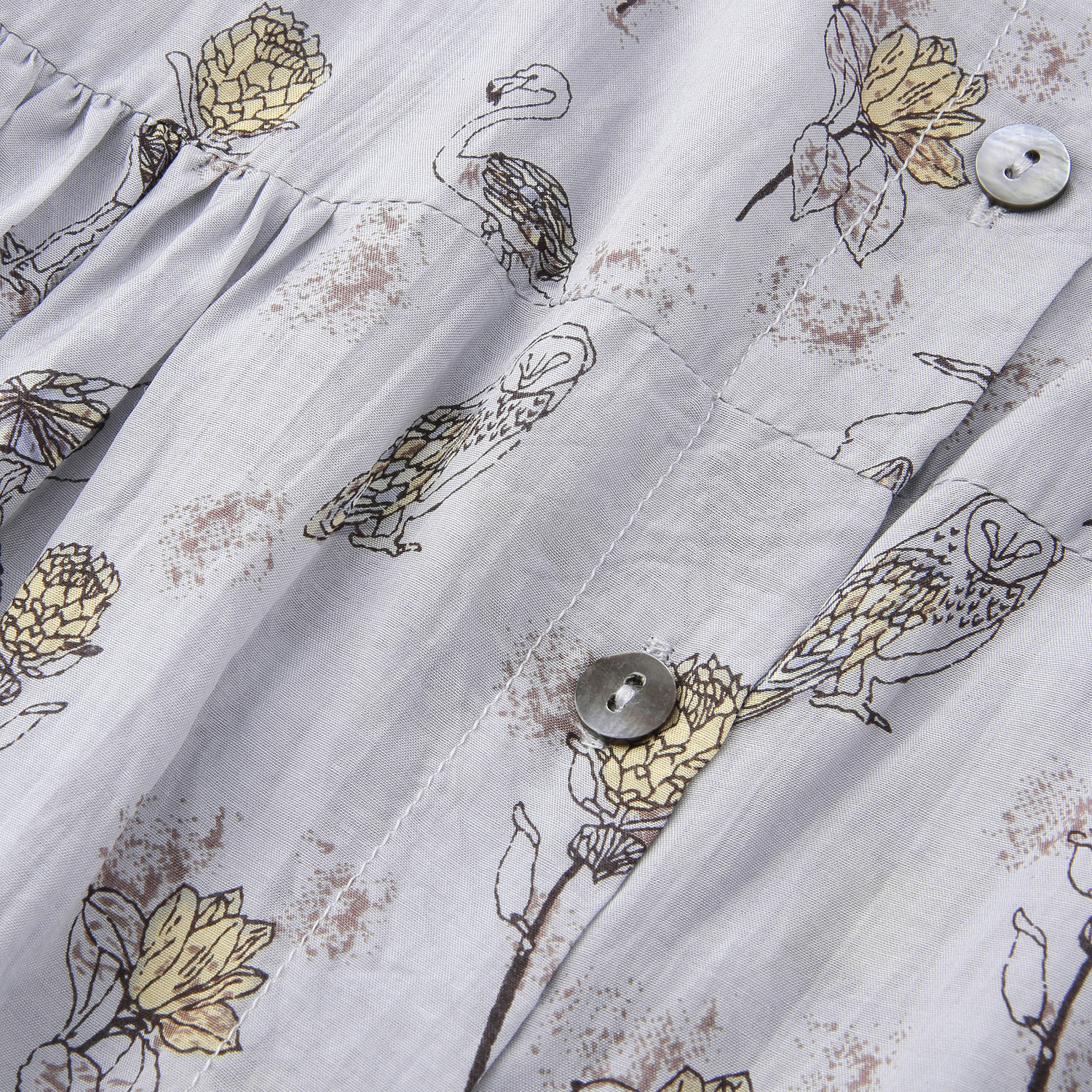 鳥花プリント ワイドギャザーブラウス - 画像4