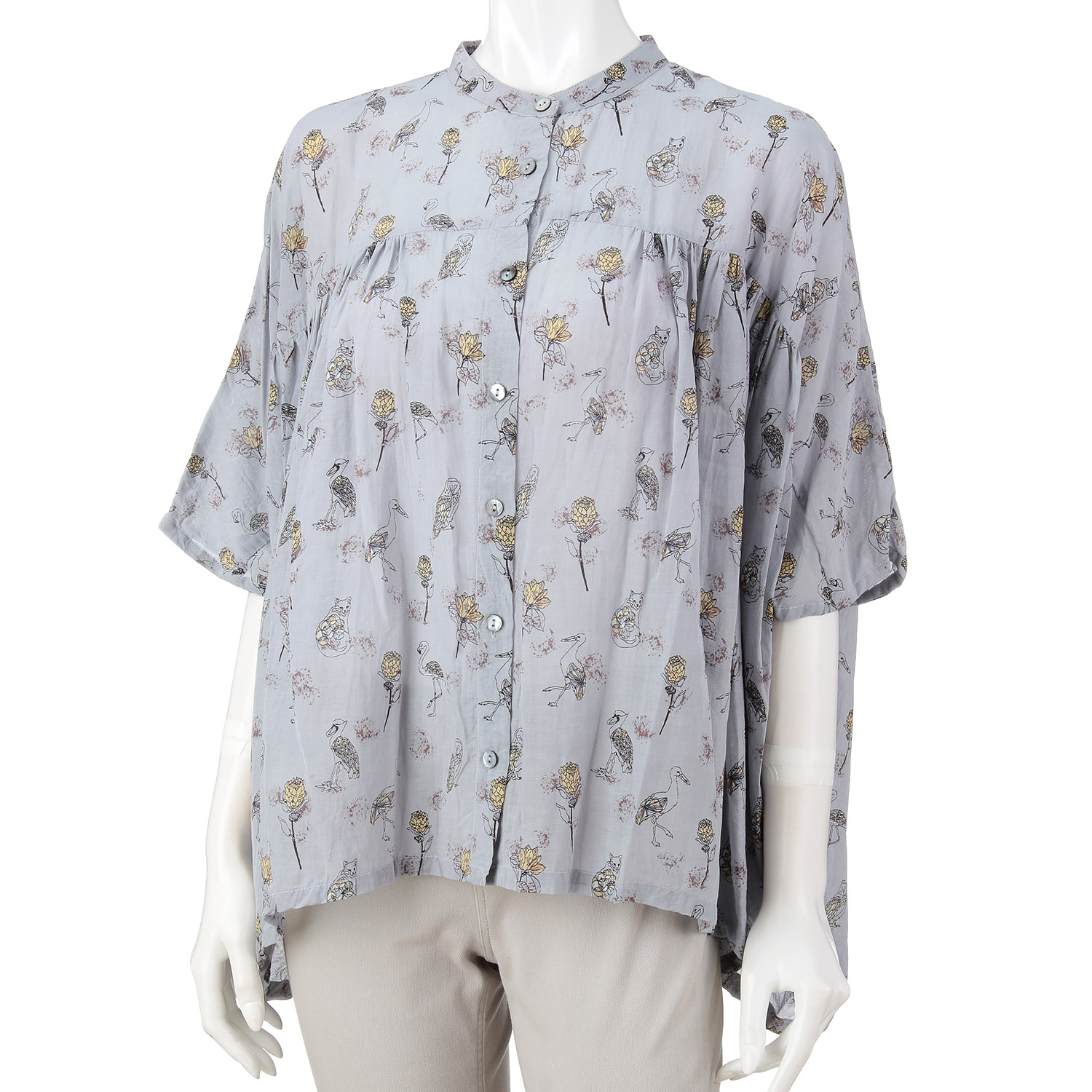 鳥花プリント ワイドギャザーブラウス - 画像1