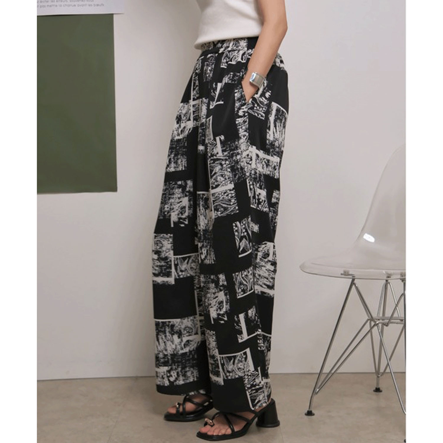 Palm Riche モノトーン柄リラックスパンツ - 画像4