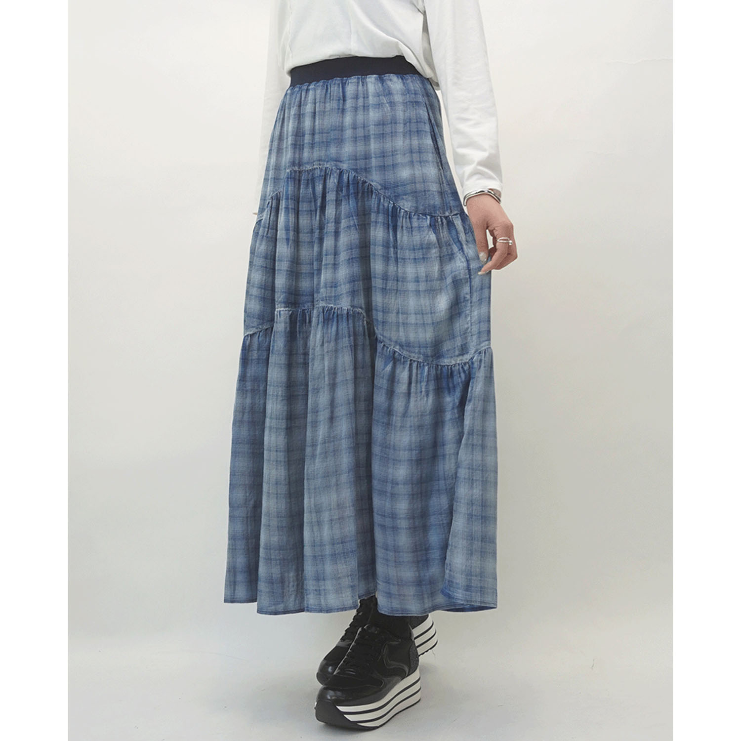 33℃ シアーデニムティアードパイピングフレアスカート - 画像6