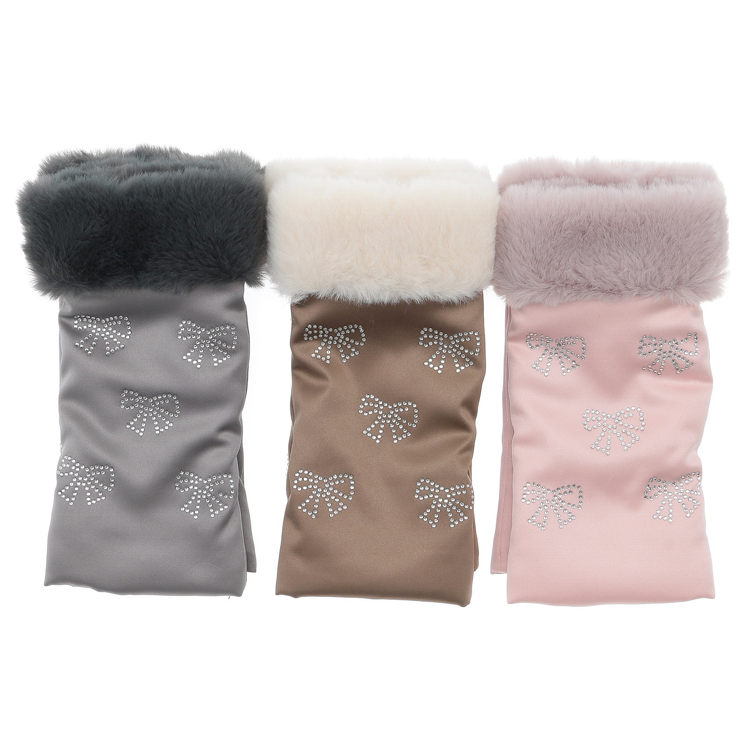 リボンストーンファーコンビハンドウォーマー