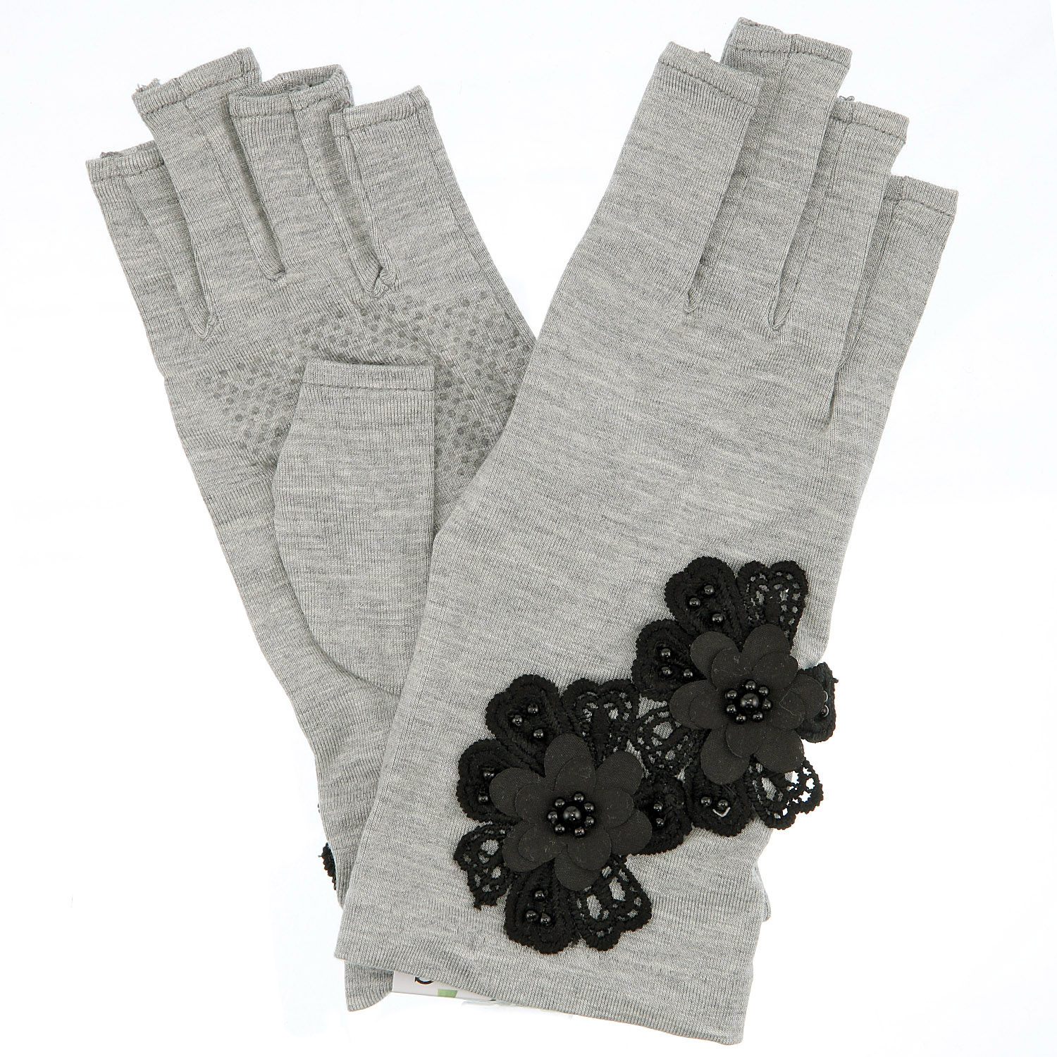 竹繊維 花付き指切りショート手袋 - 画像2