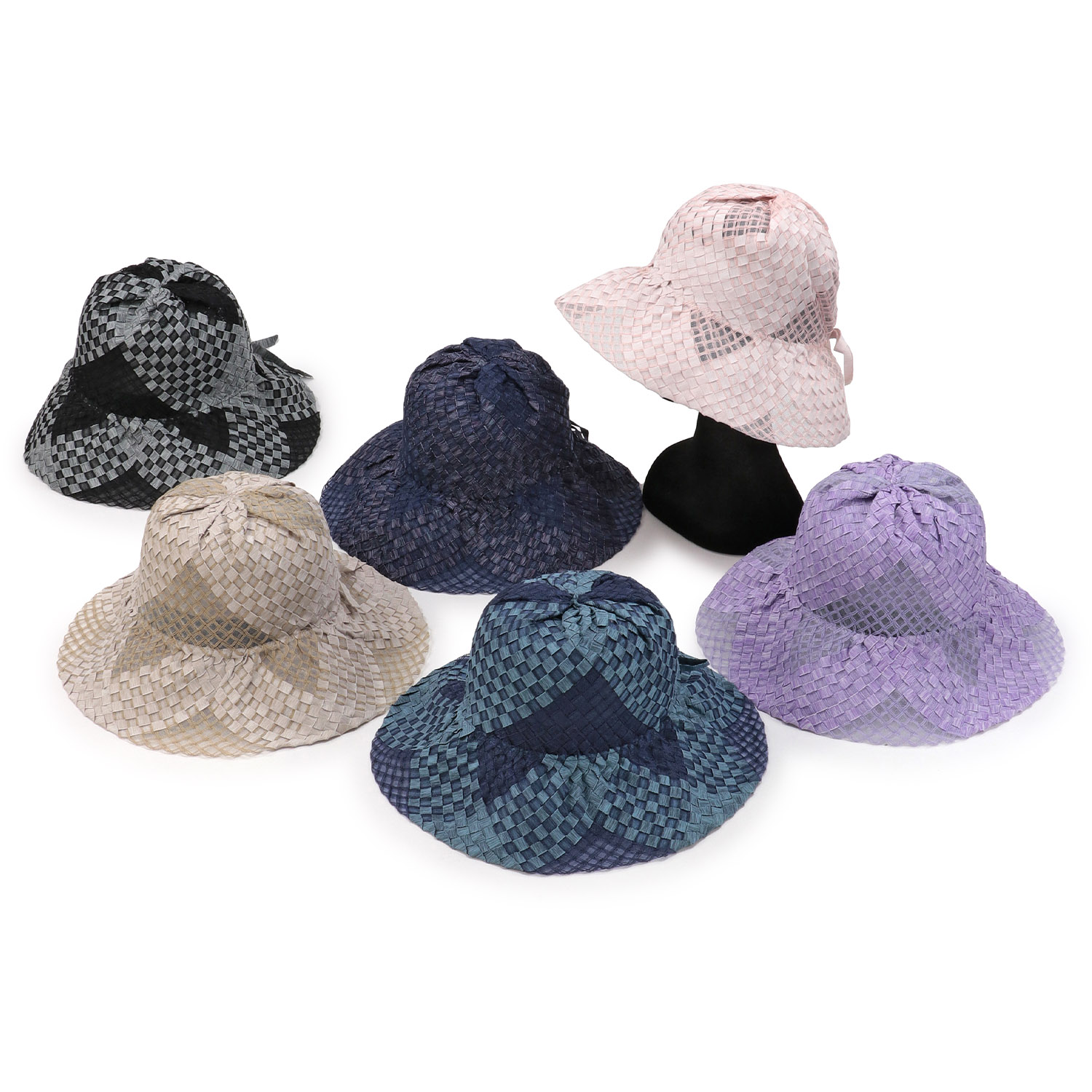 ブロック手編みリボン付きハット - 画像1