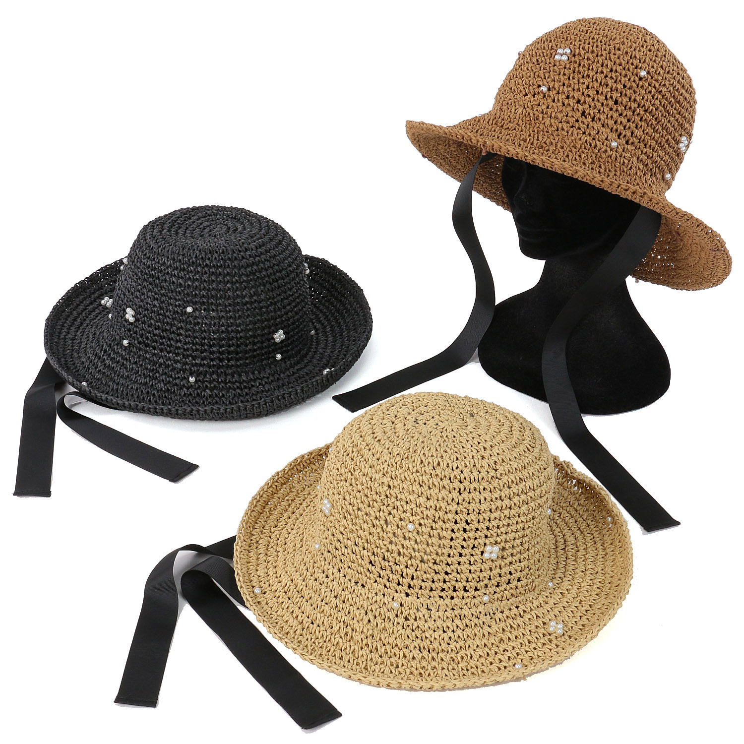 パールリボン細編みハット