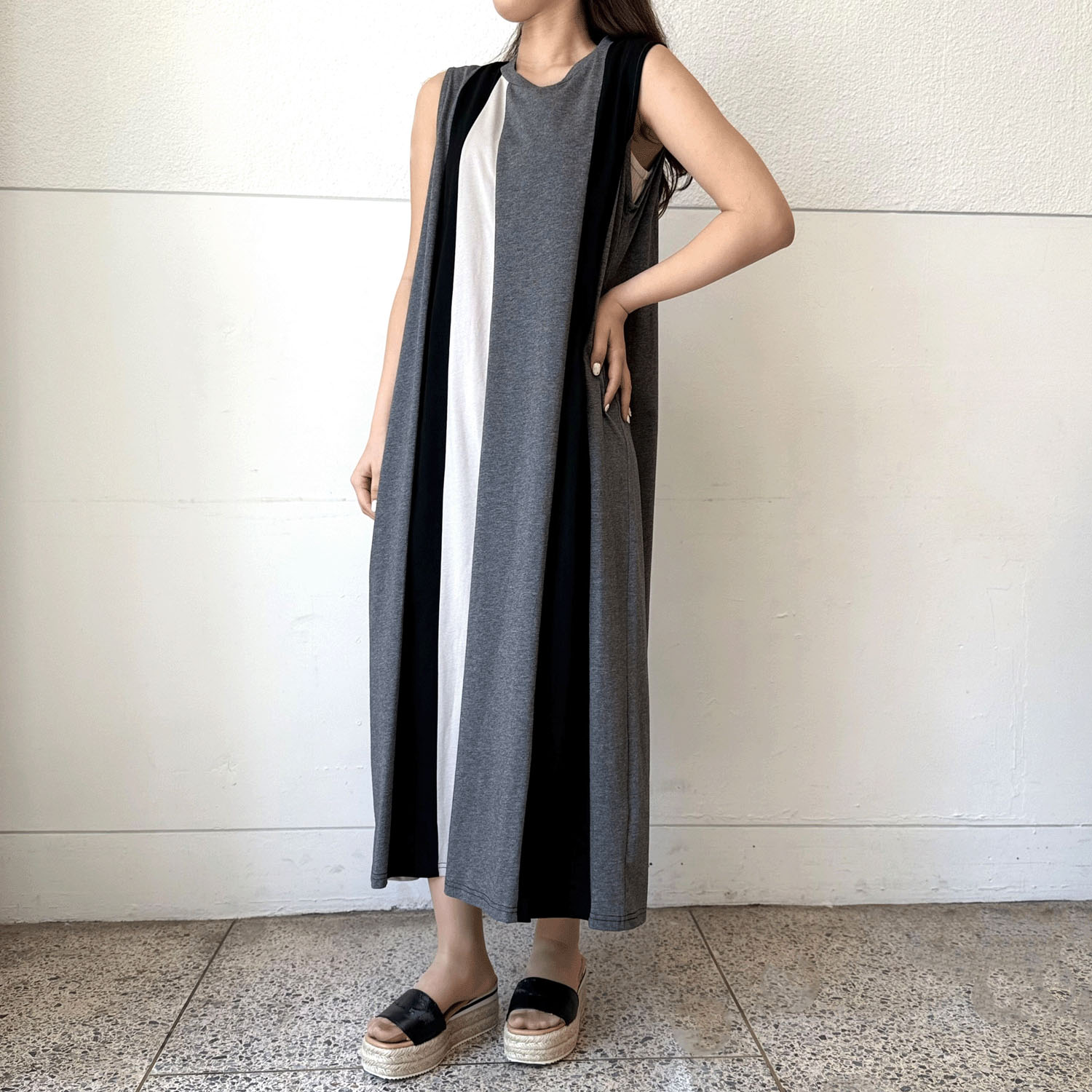 【Insta Live】シルケット天竺配色切替ノースリワンピース - 画像8