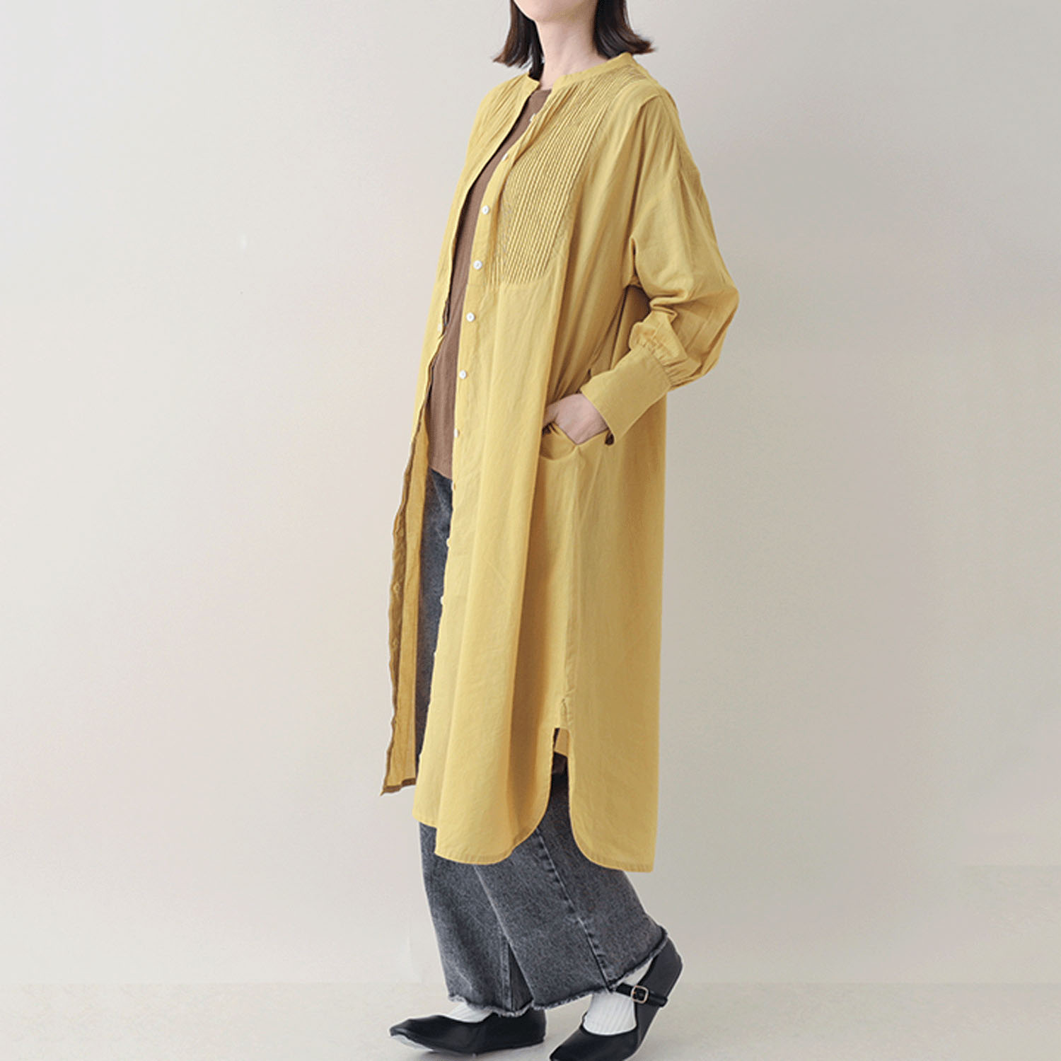 東京かんかん ピンタックコットン無地シャツワンピース