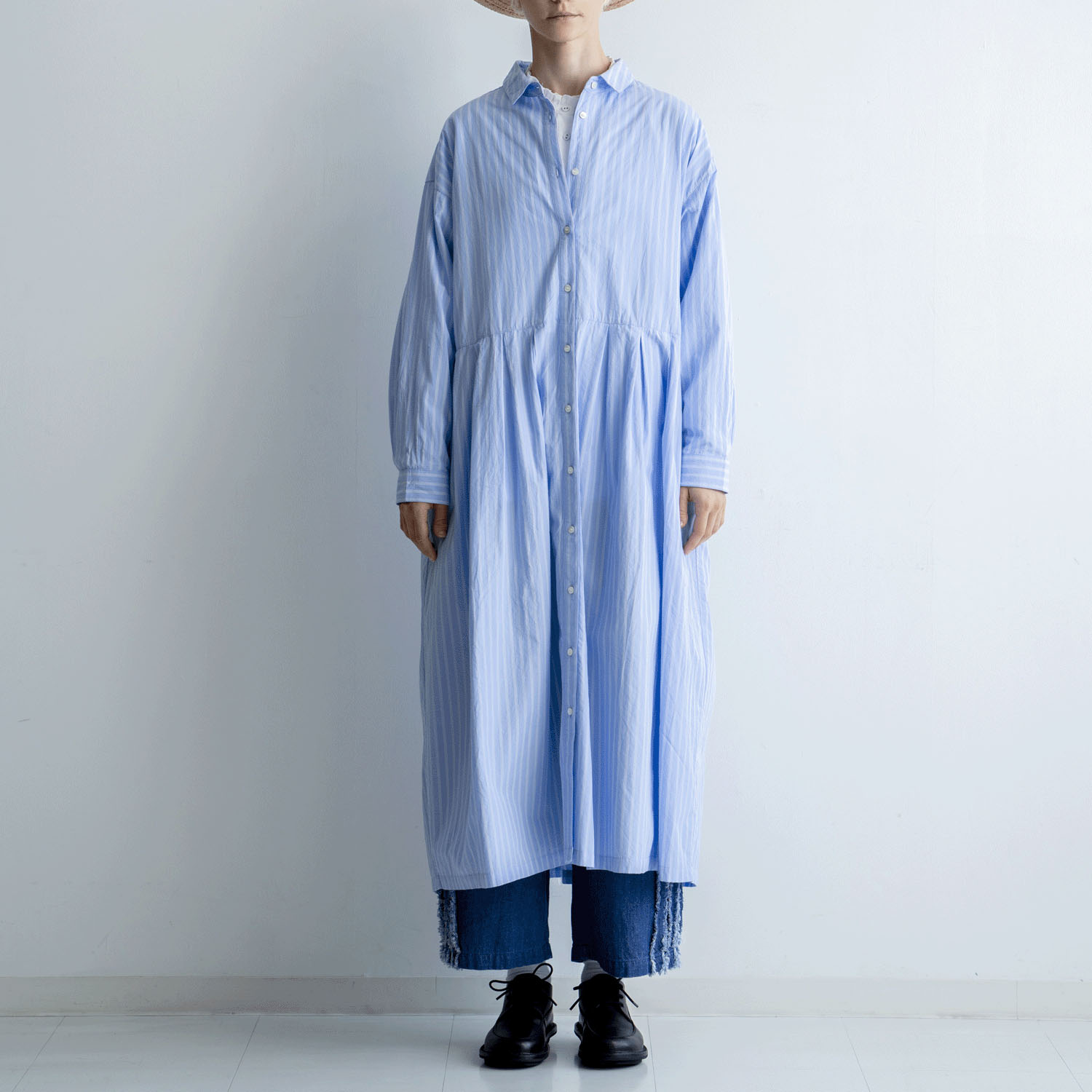 ista－ire 綿麻ストライプ柄 ウエストタックワンピース - 画像6