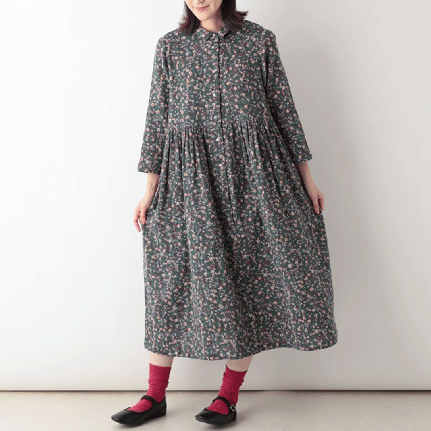 東京かんかん 小花柄コットンダブルガーゼシャツワンピース - 画像1