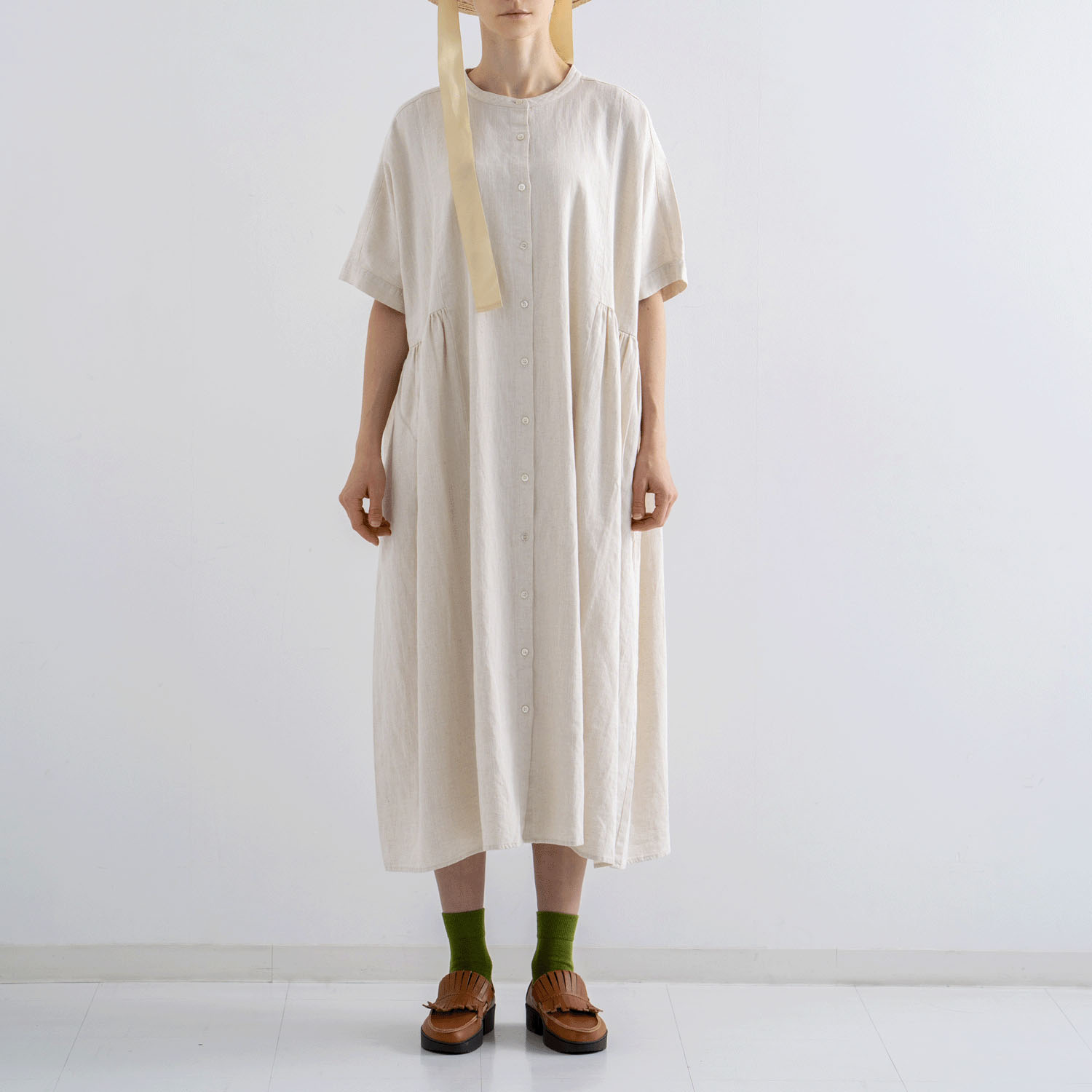 ista－ire 4．5oz綿麻甘撚りデニム（ista－ireオリジナル生地）サイドギャザーワンピース - 画像1