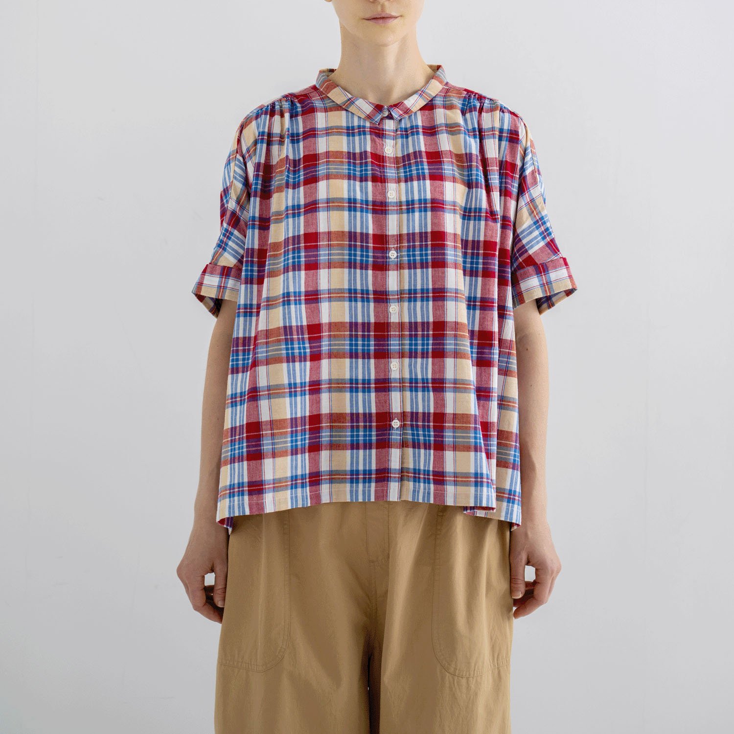 ista－ire マドラスチェック ちび襟ワイドシャツ - 画像1