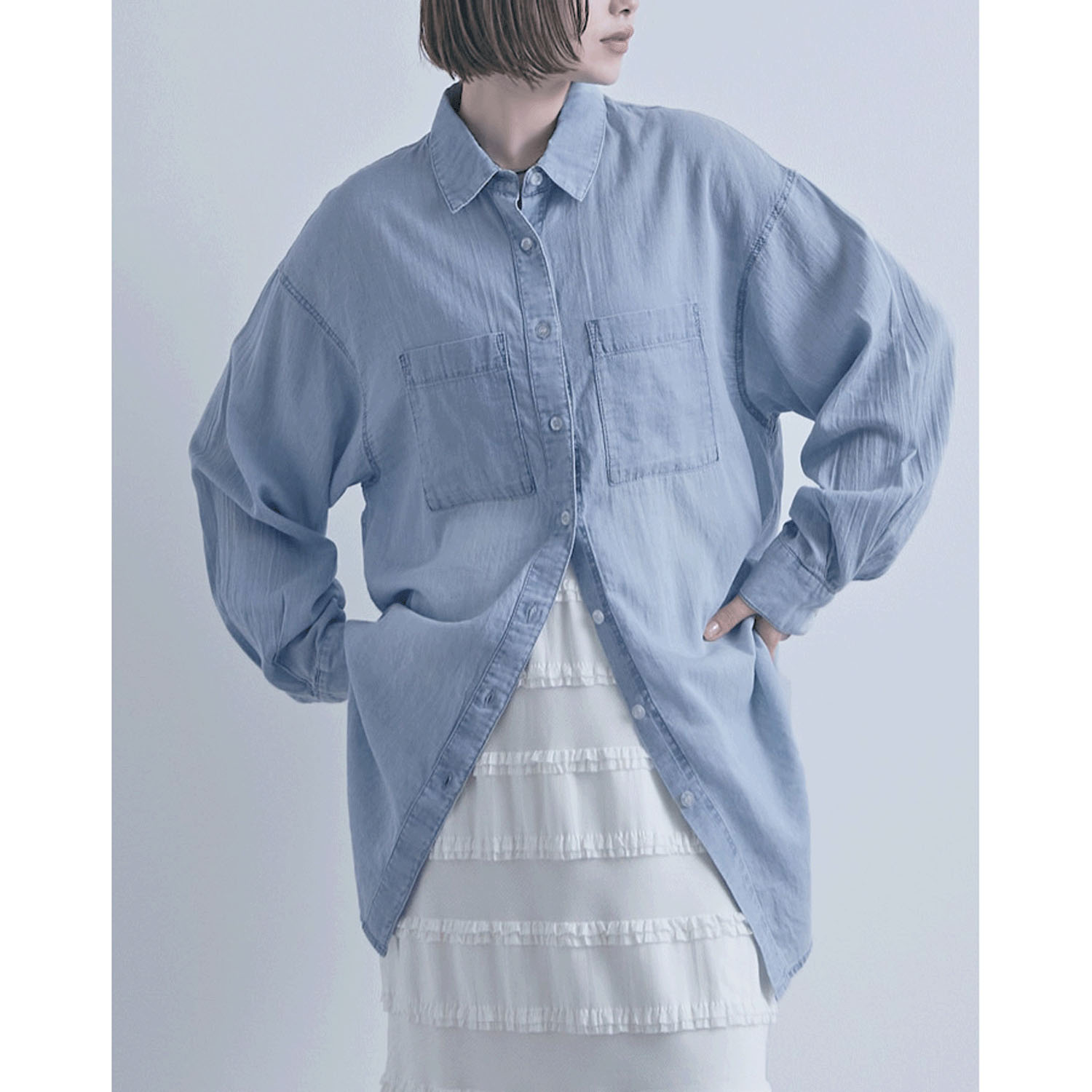 シアーデニム胸両ポケシャツ - 画像1