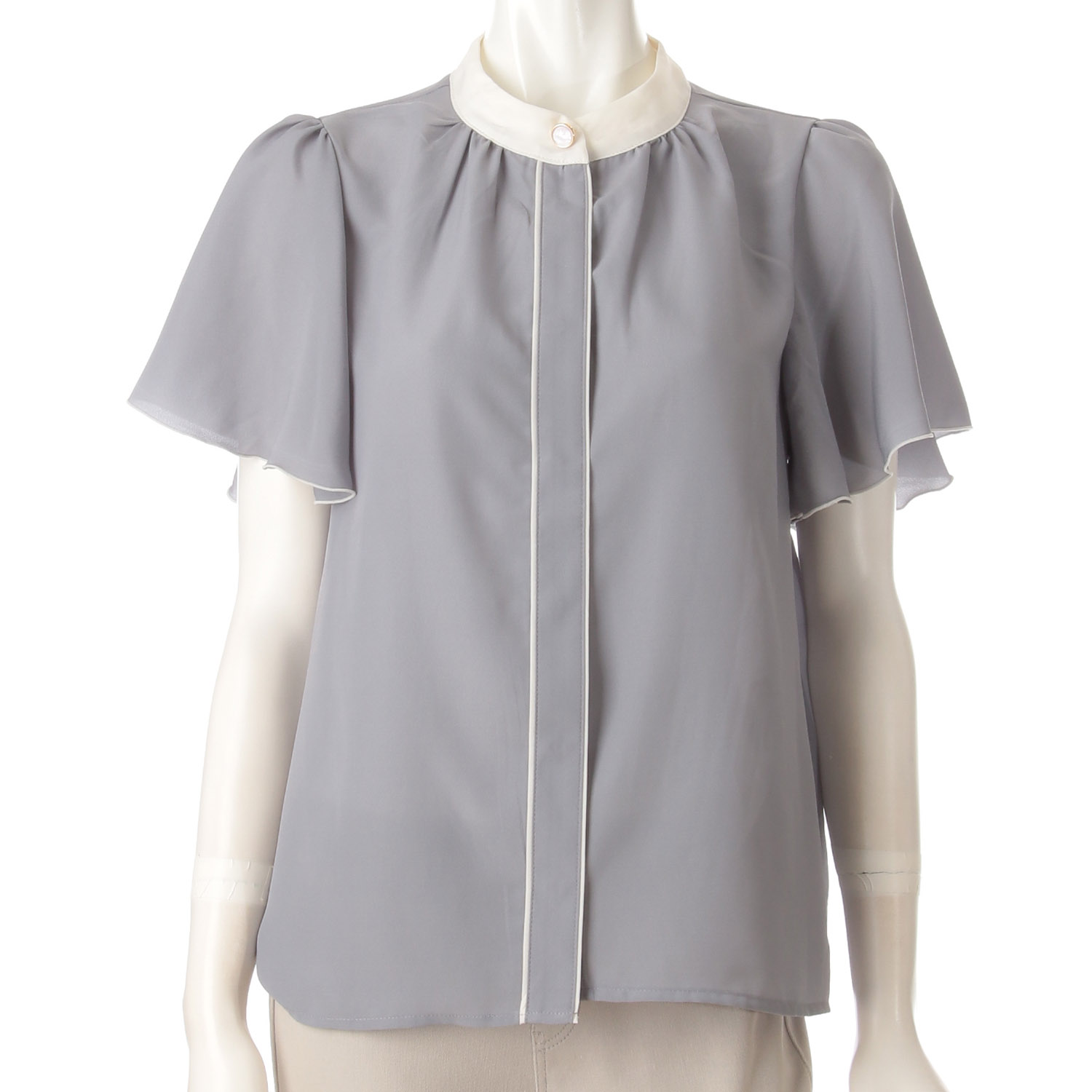 デザイン釦配色袖フレアブラウス - 画像1