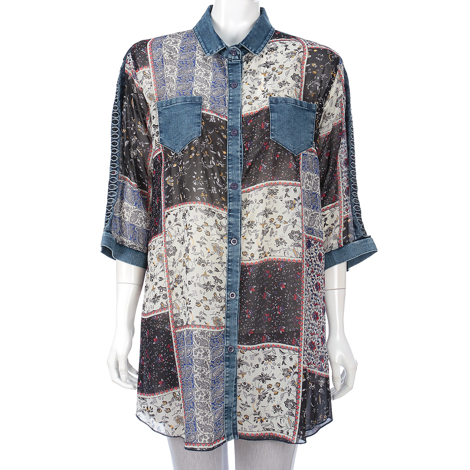 プリント×デニム切替ブラウス - 画像3