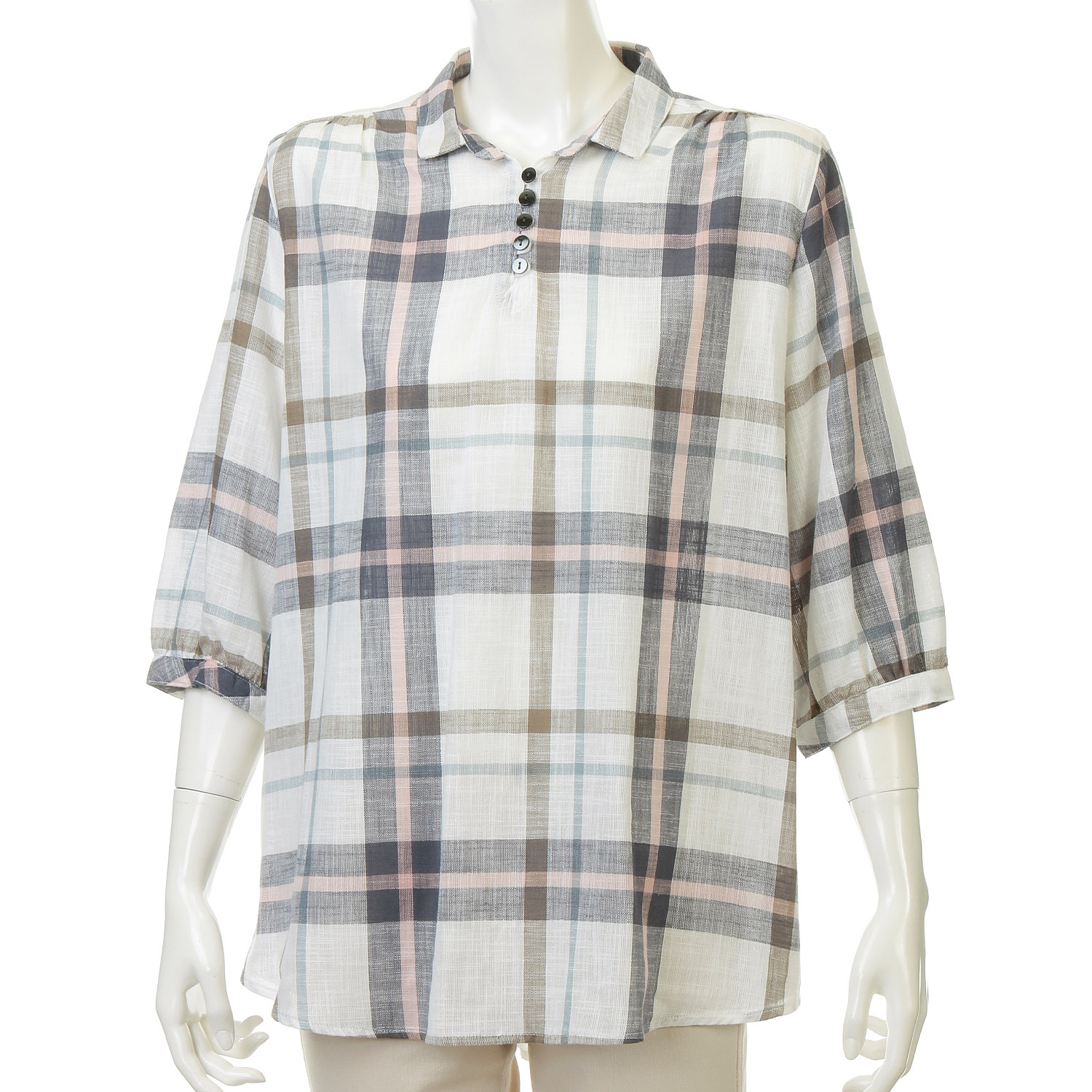 やわらかコットンチェック柄ブラウス - 画像2