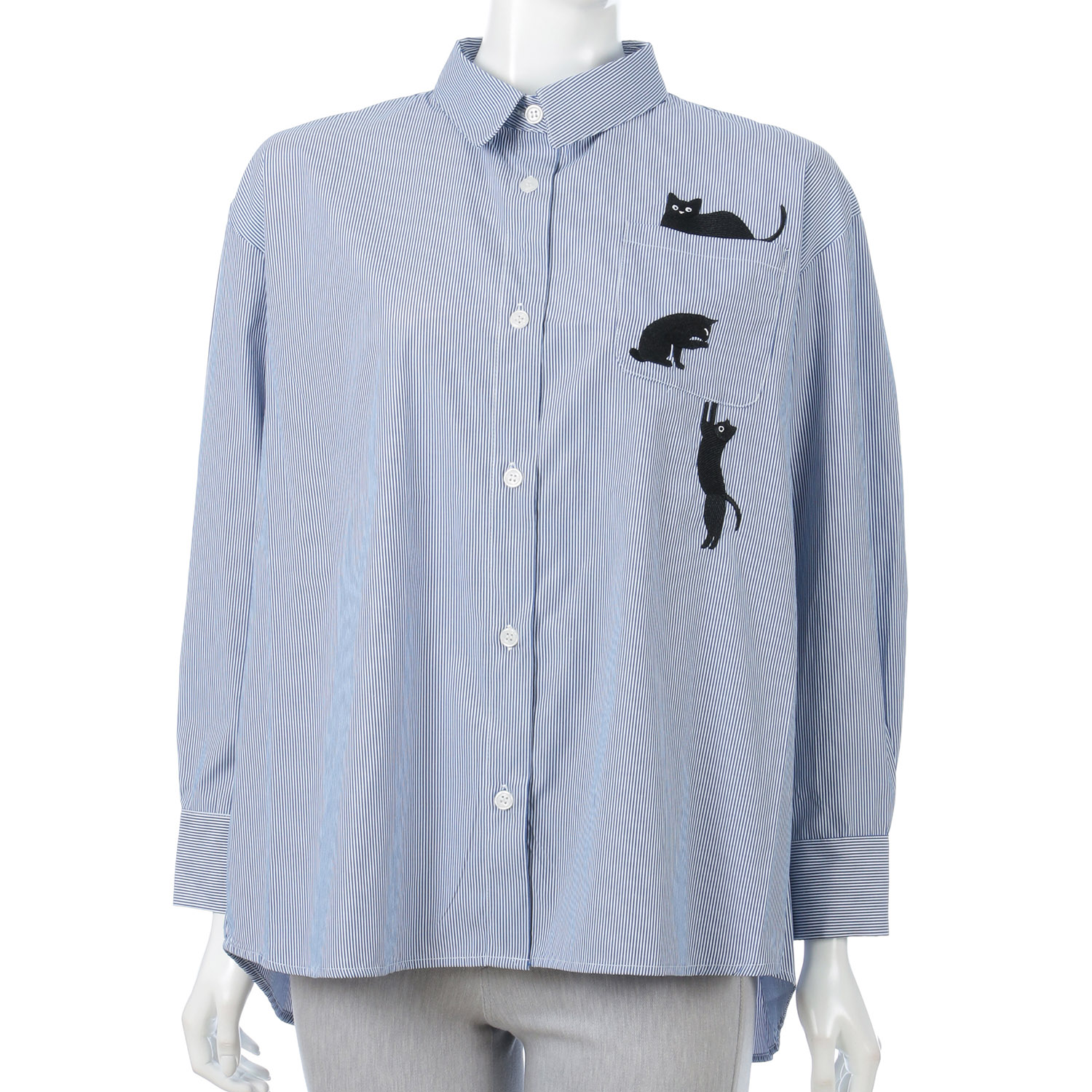 Myauris猫刺繍先染めストライプシャツ - 画像1