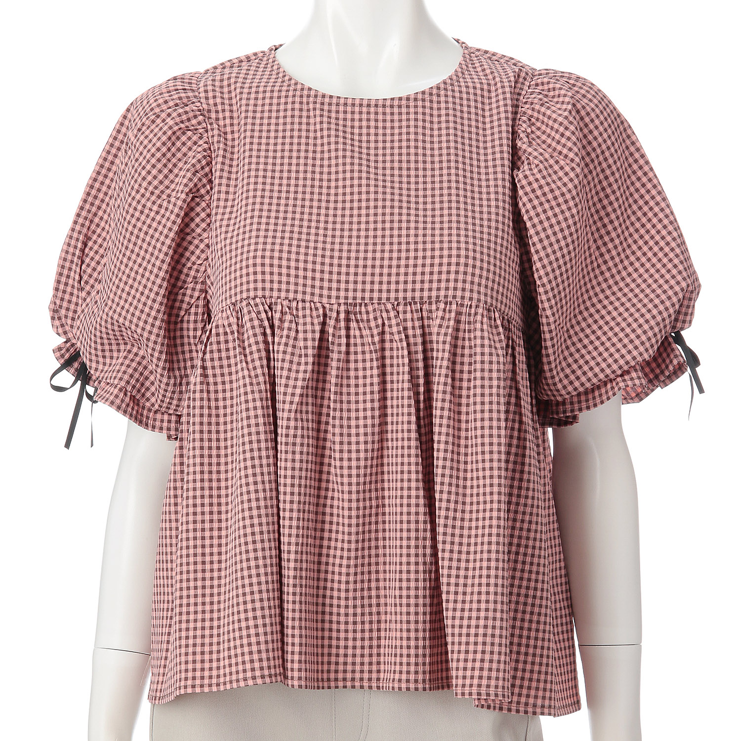 ギンガムパフスリーブプルオーバー - 画像1