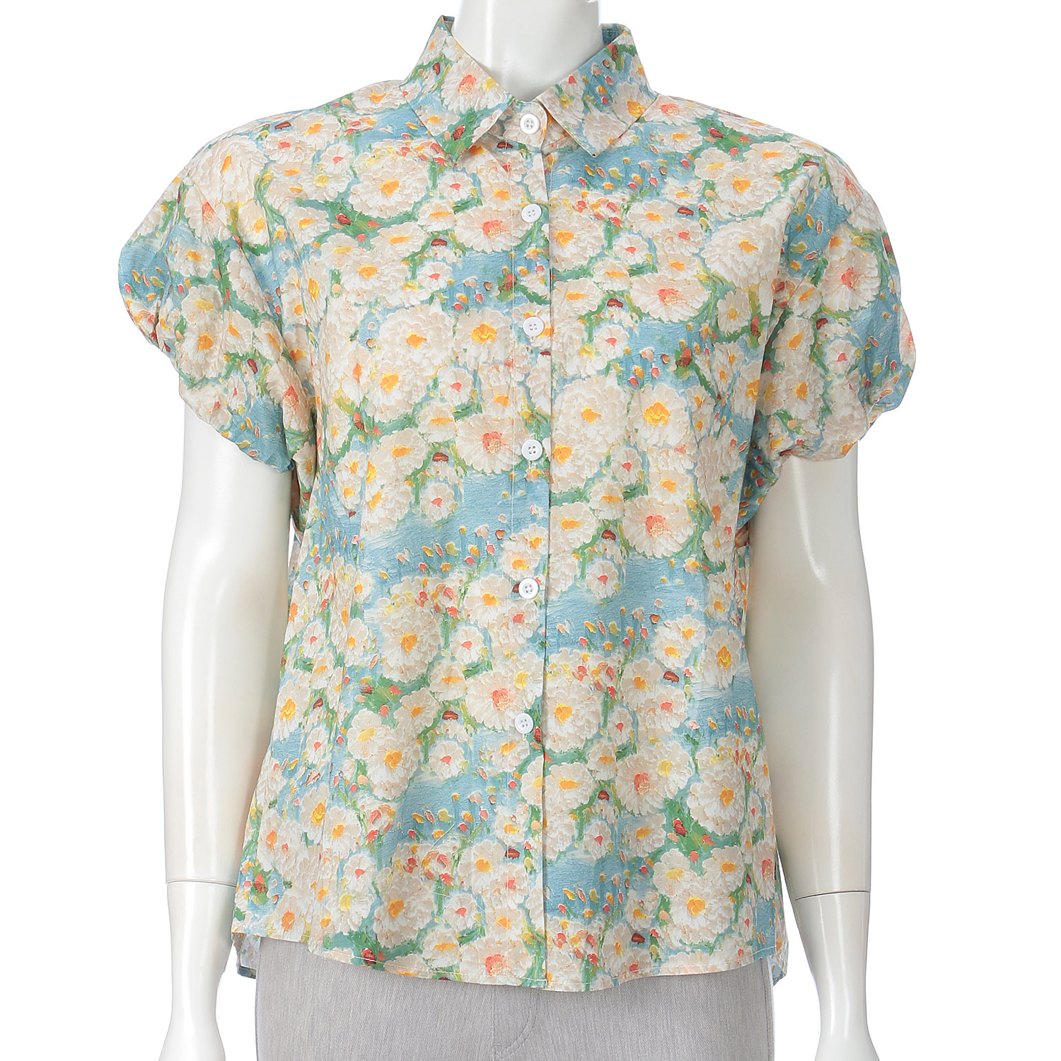 KhakiKoji アートフラワーパフスリーブシャツ