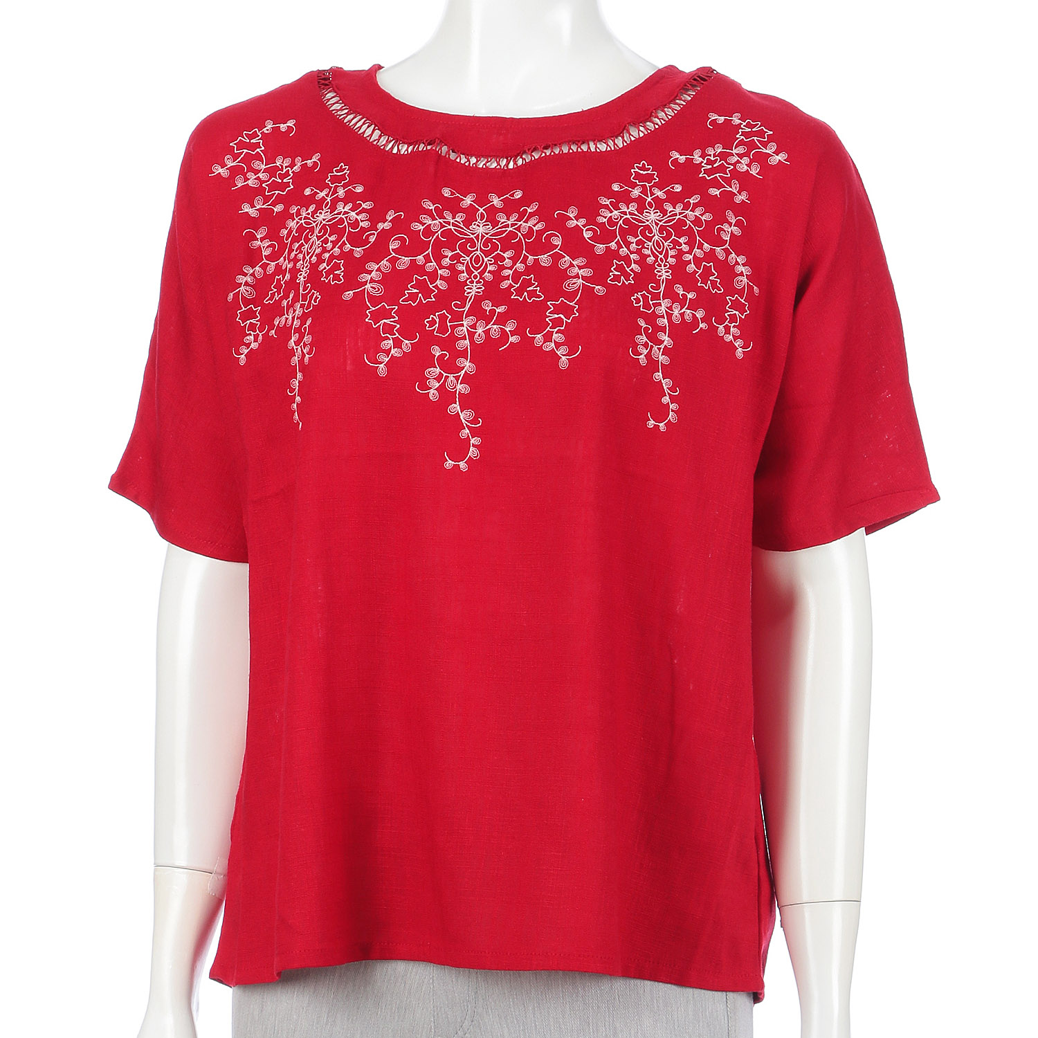 麻混梯子レース刺繍プルオーバー