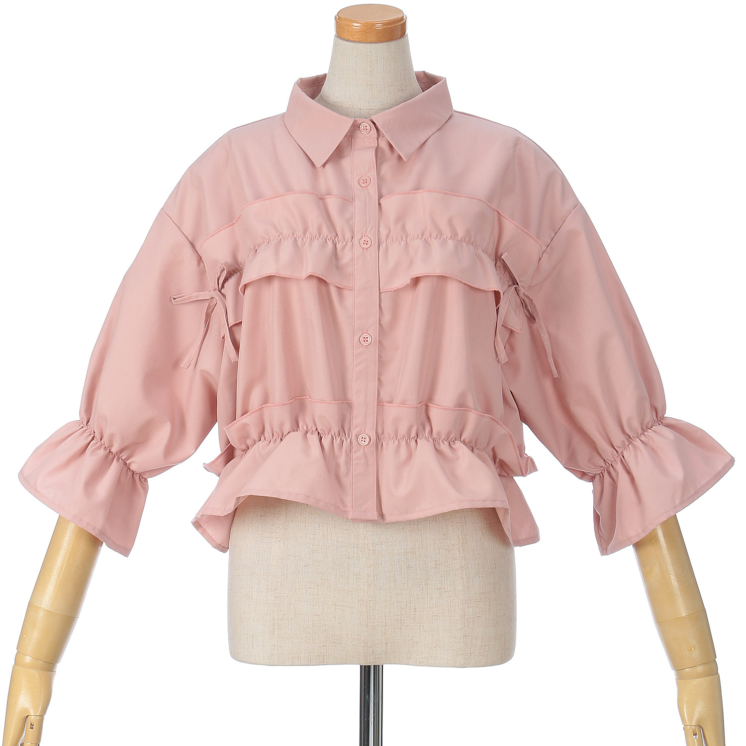 【お取寄せ】トリプルルンド フリルリボン5分袖シャツ