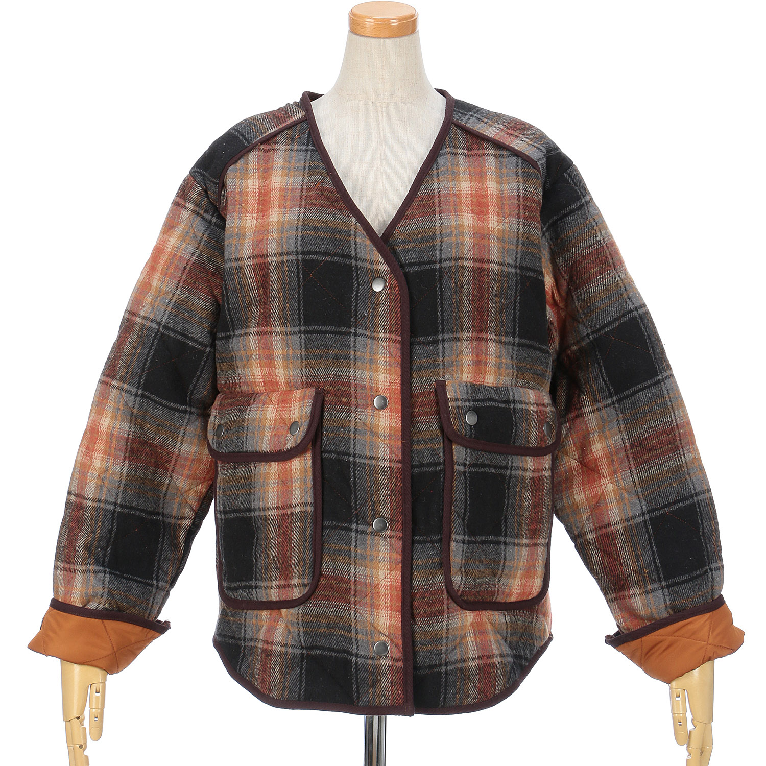 le colis フェイクウールチェックキルト薄中綿ジャケット - 画像6