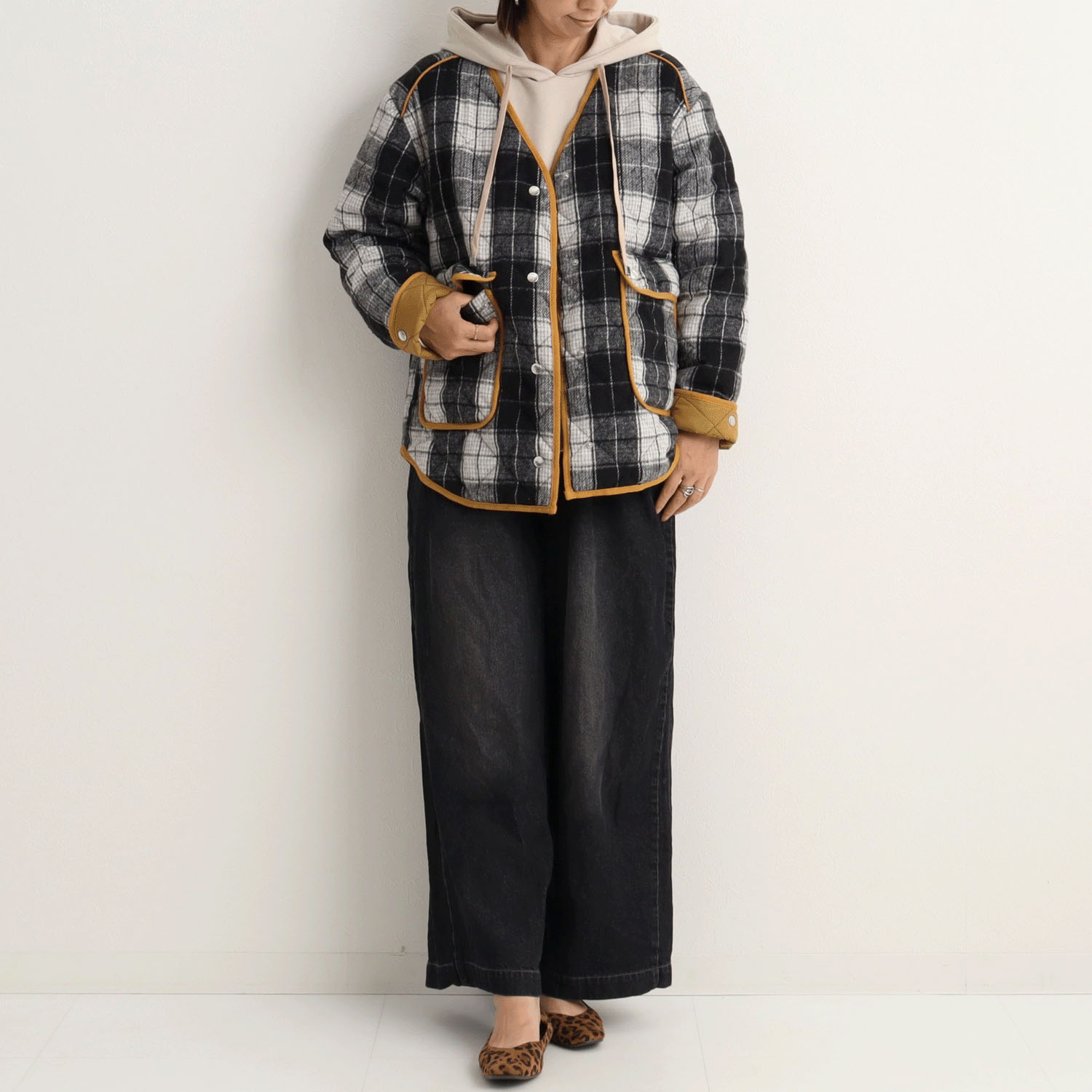 le colis フェイクウールチェックキルト薄中綿ジャケット - 画像8