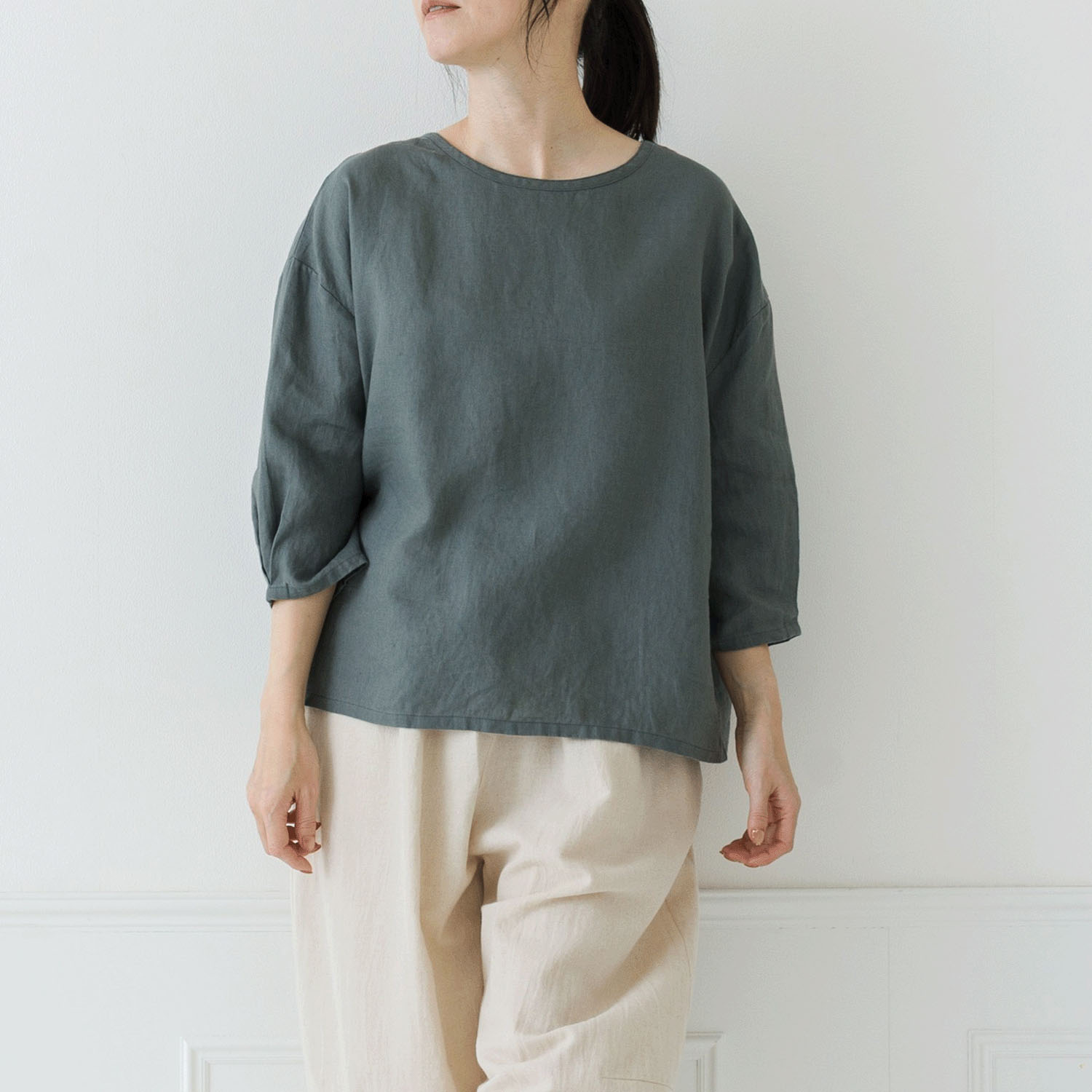 【お取り寄せ】Crea delice リネン袖口タックボリューム7分袖ブラウス