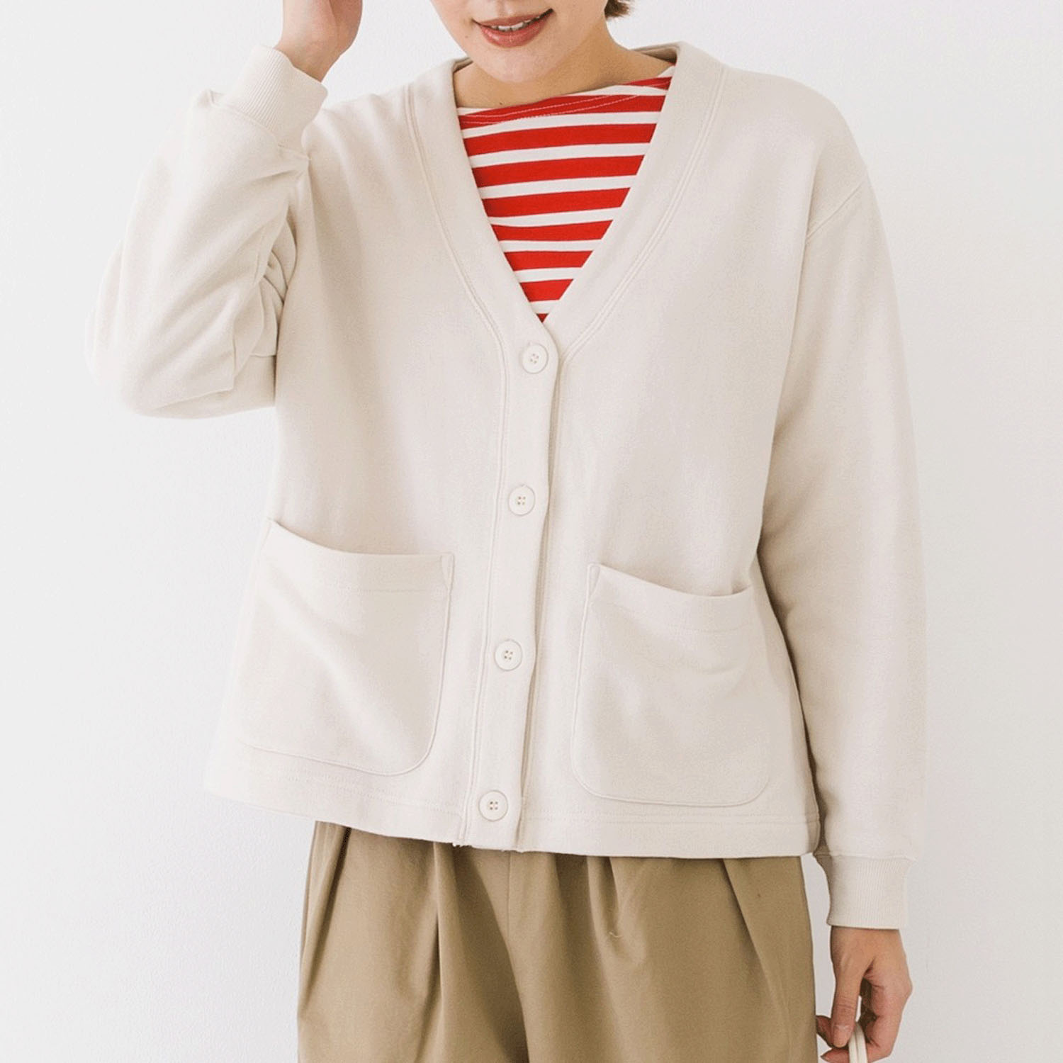 【お取り寄せ】Kermu コットンガーゼ裏毛バイカラーVネックカーディガン - 画像22