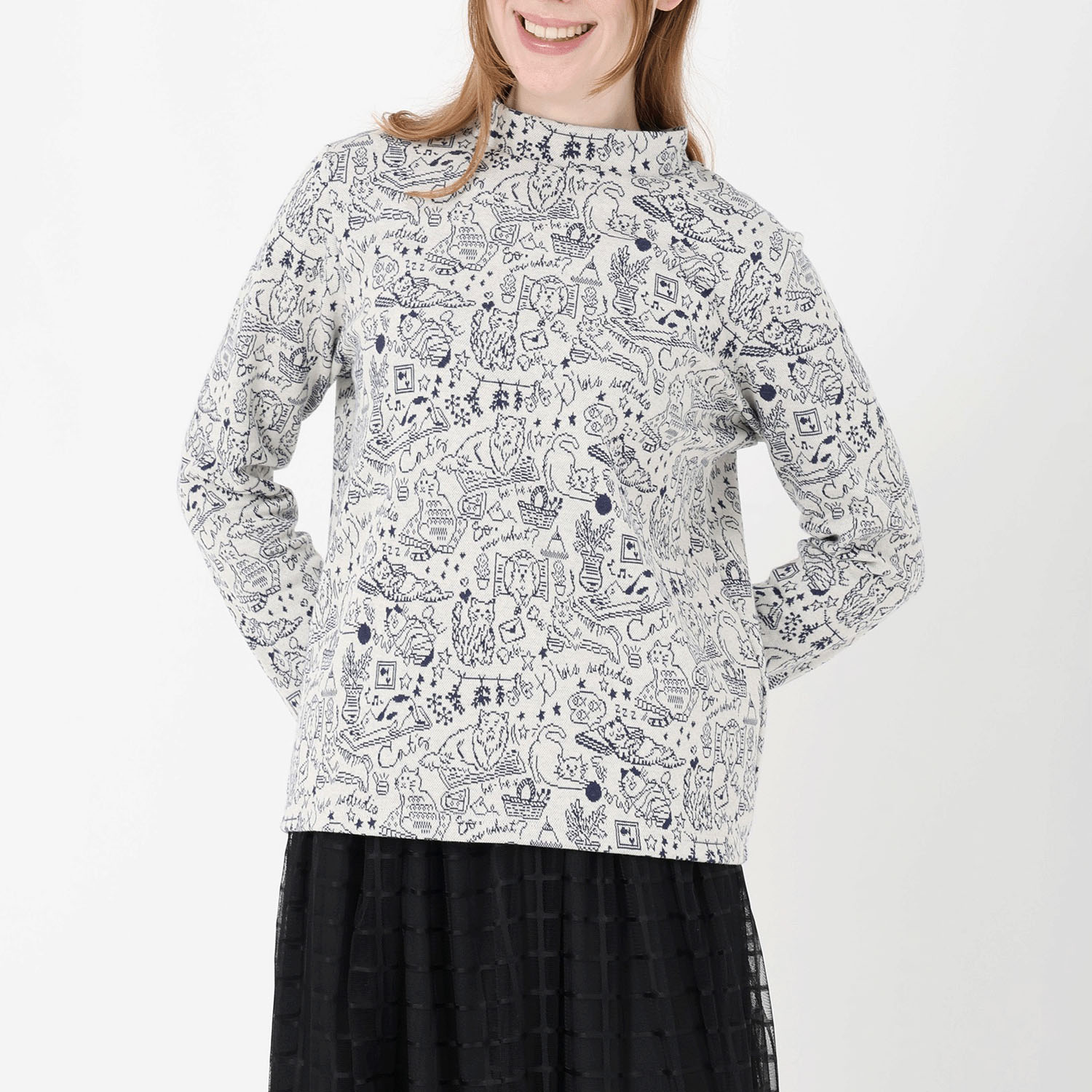 T’BIS STUDIO 長袖ネコ柄ダブルジャカード起毛ハイネックカットソー - 画像7