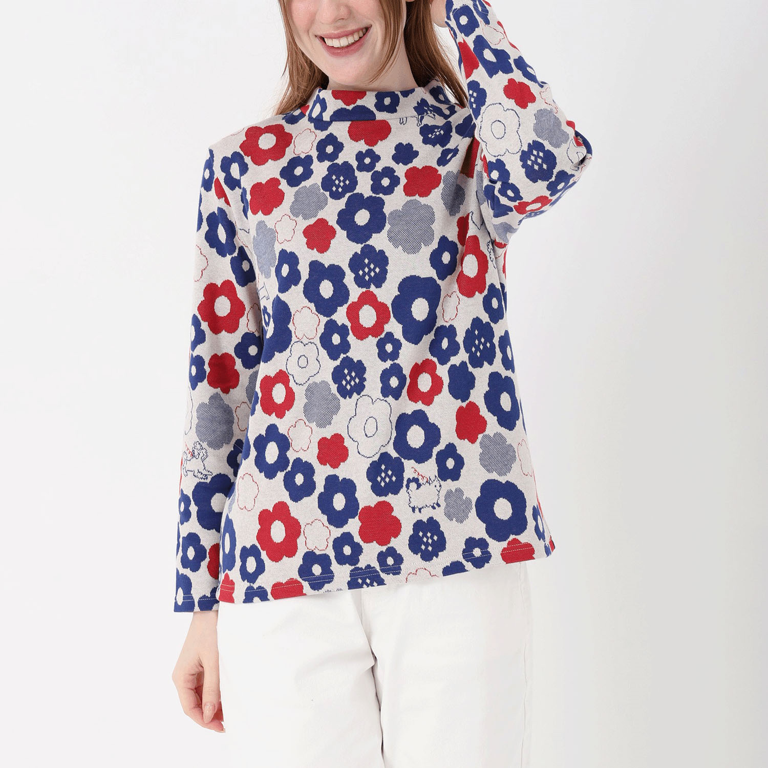 T’BIS STUDIO 長袖花イヌ柄Wジャカードハイネックカットソー