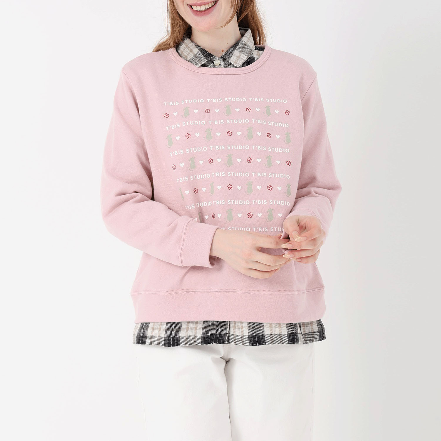 T’BIS STUDIO 長袖裏毛猫プリントクルーネックトレーナー