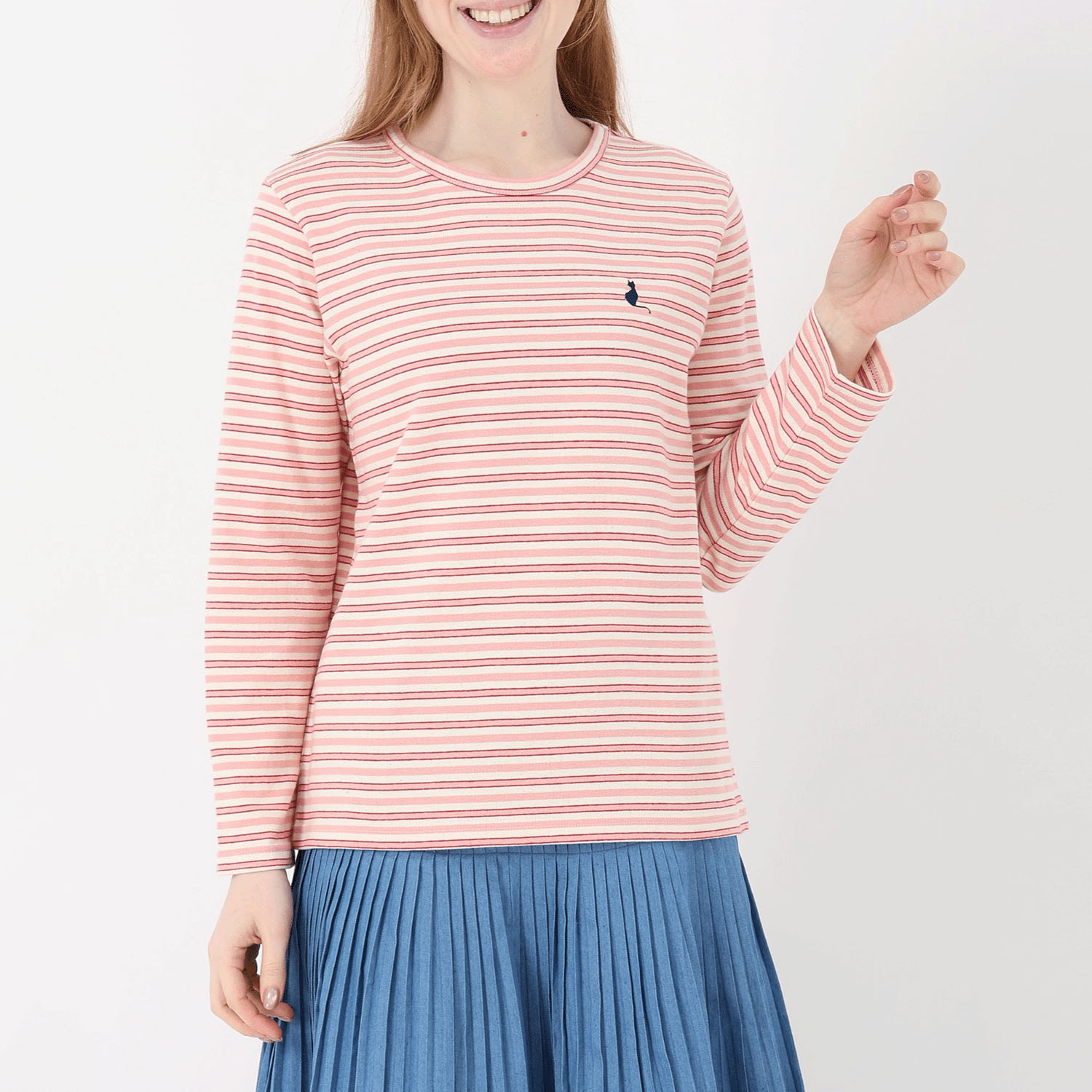 T’BIS STUDIO 長袖ボーダーネコ刺繍クルーネックプルオーバー