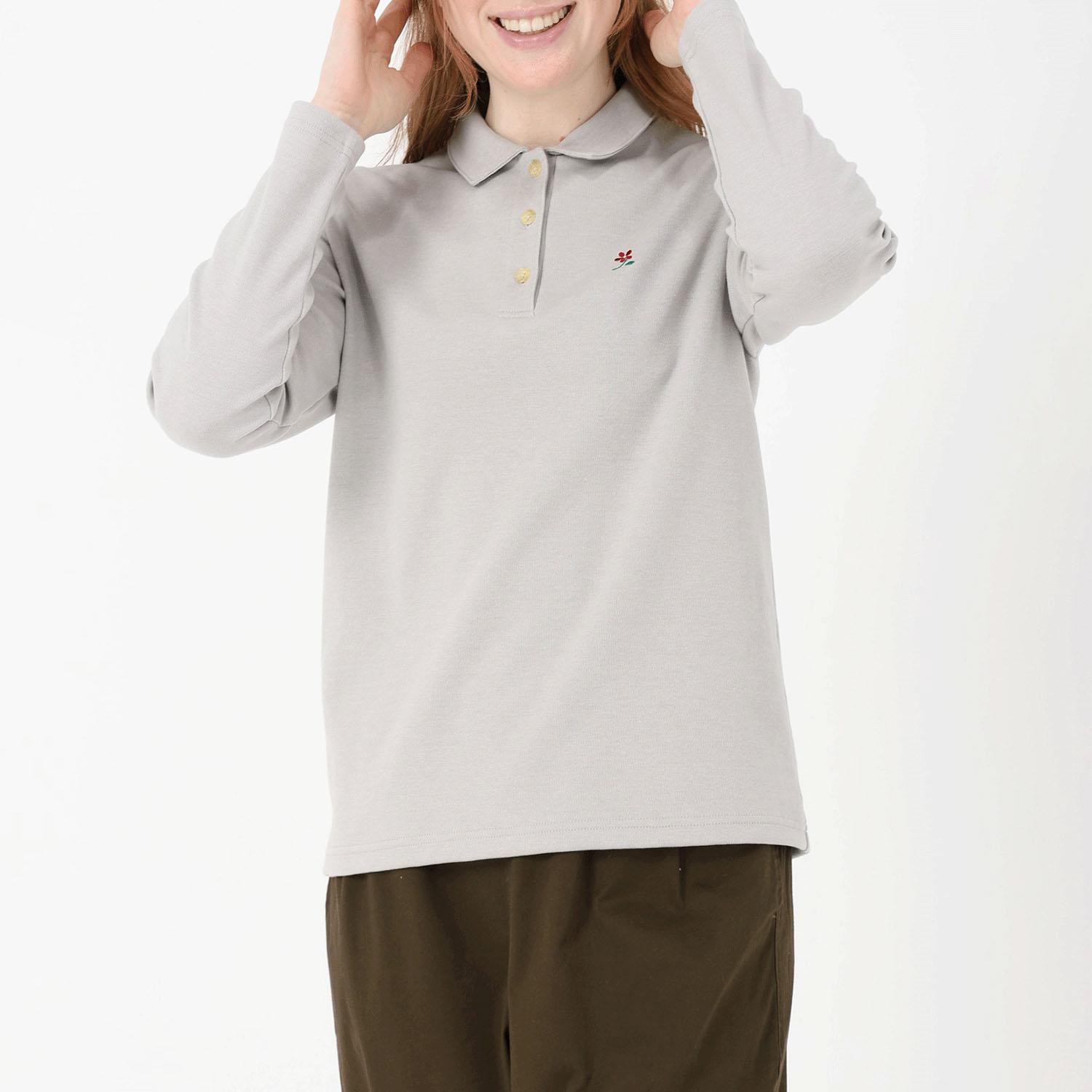 T’BIS STUDIO 長袖ダブルフェイス花刺繍ポロシャツ