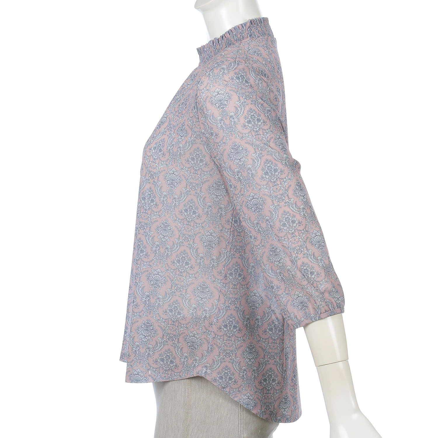 トリプルメッシュ更紗柄シャーリングハイネック七分袖プルオーバー - 画像2