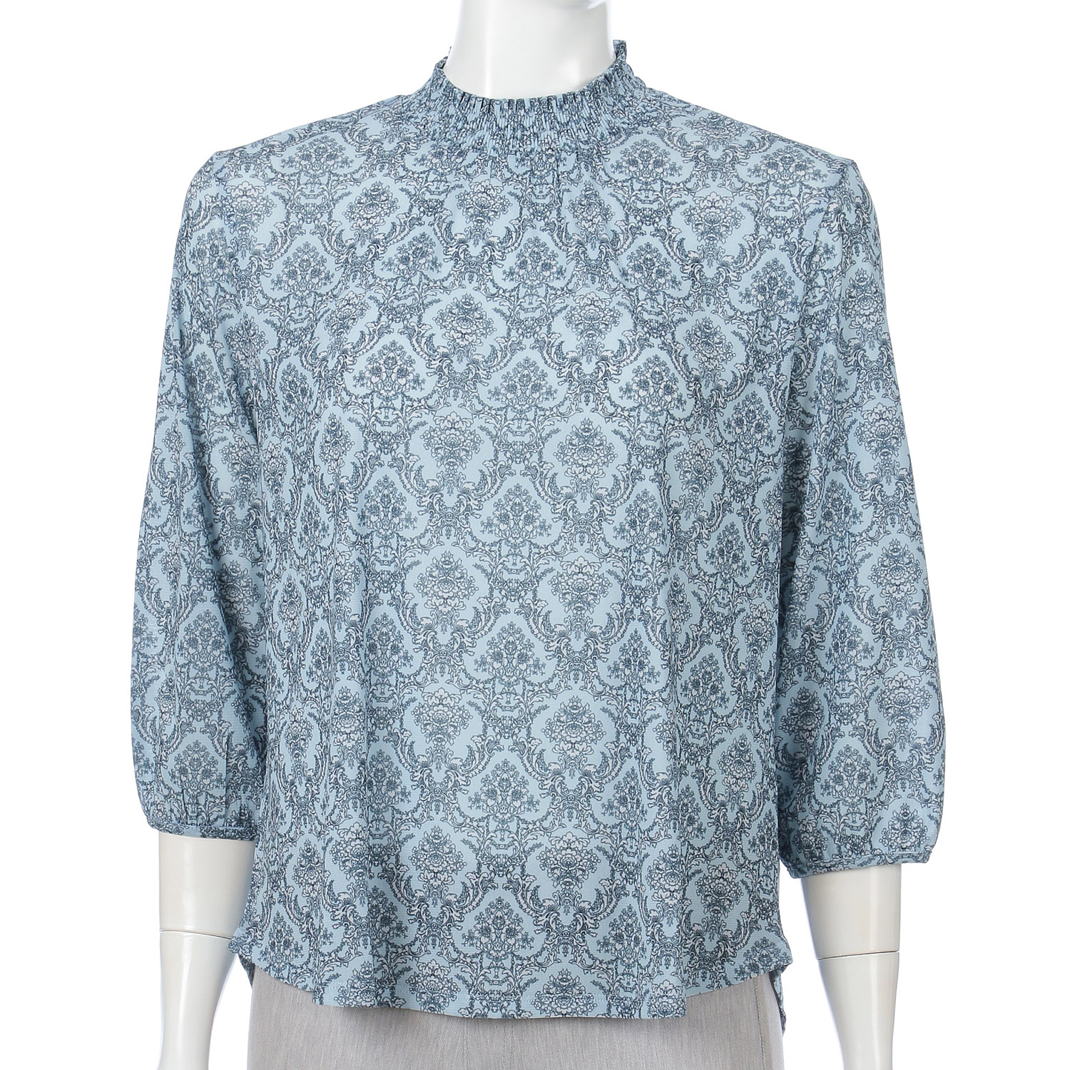 トリプルメッシュ更紗柄シャーリングハイネック七分袖プルオーバー - 画像5